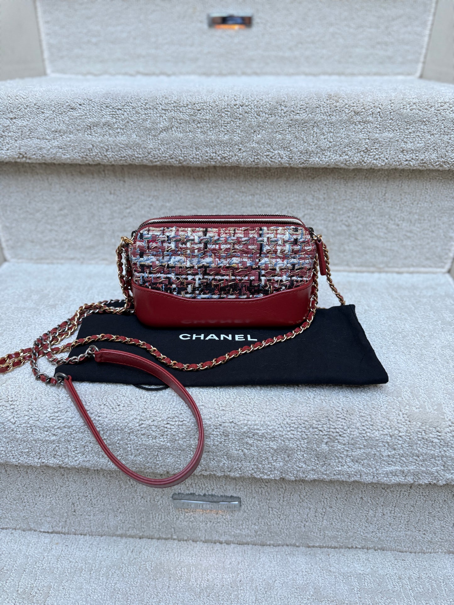 Chanel Calfskin Quilted Small Gabrielle Clutch With Chain Red