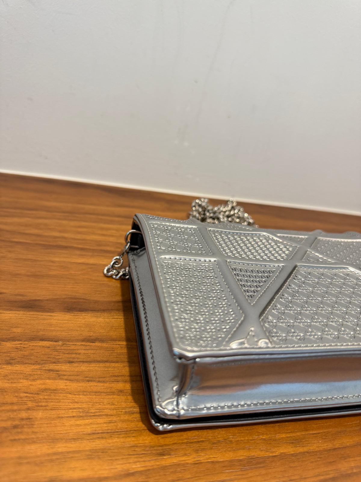 Dior Metallic Patent Micro-Cannage Diorama Wallet on Chain Pouch Silver