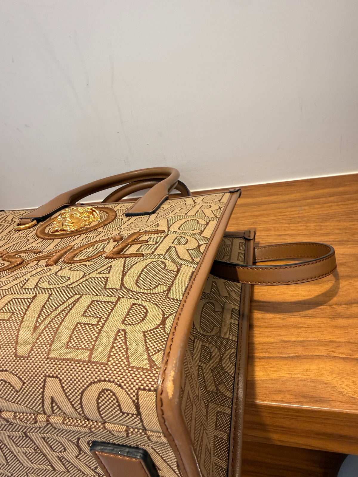 Versace All Over Logo Canvas Tote in Brown Small