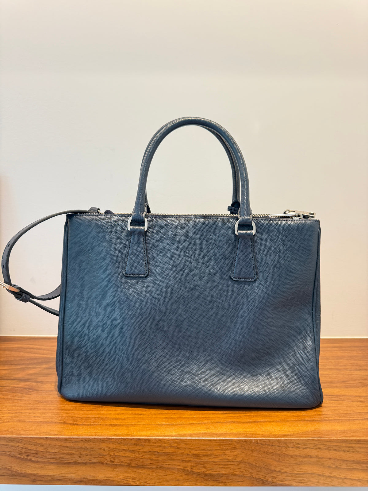 Prada Saffiano Large Galleria Double Zip Tote Navy Blue Pre-Owned