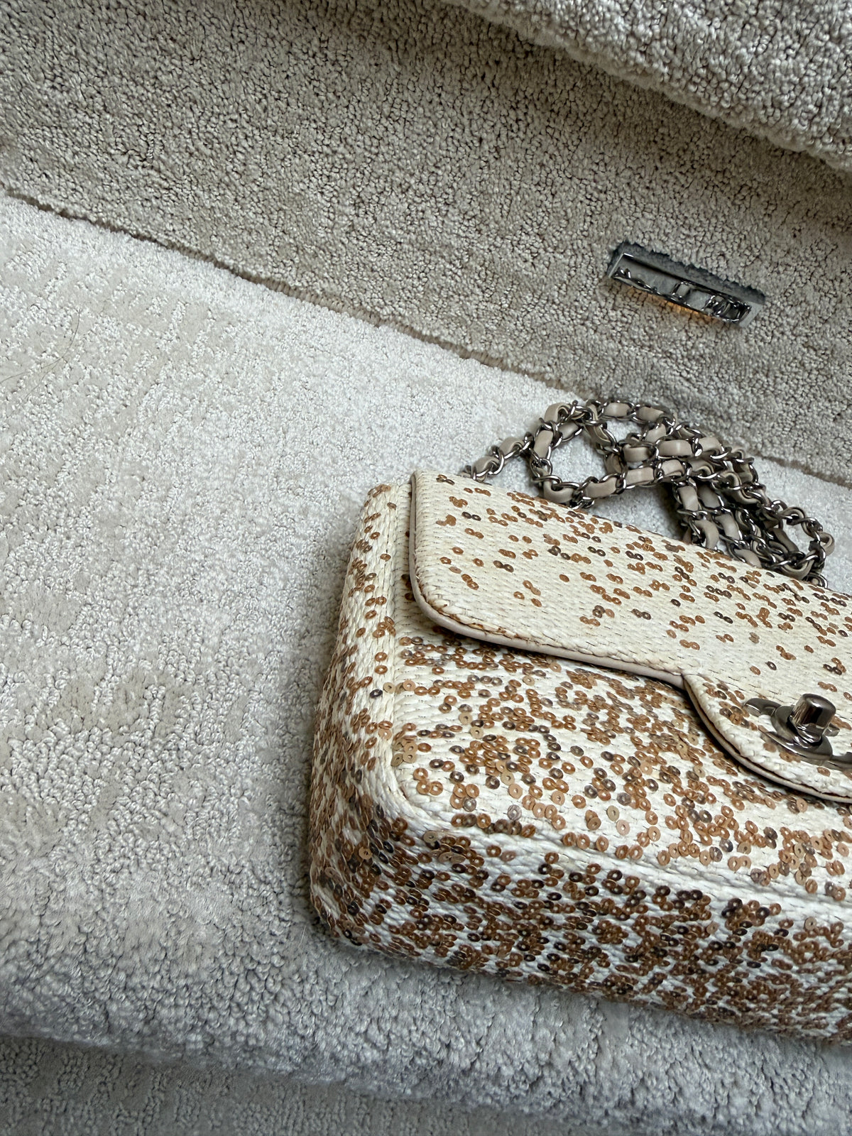 Chanel Small Single Flap Bag in Beige Raffia Sequins from Karl Lagerfeld