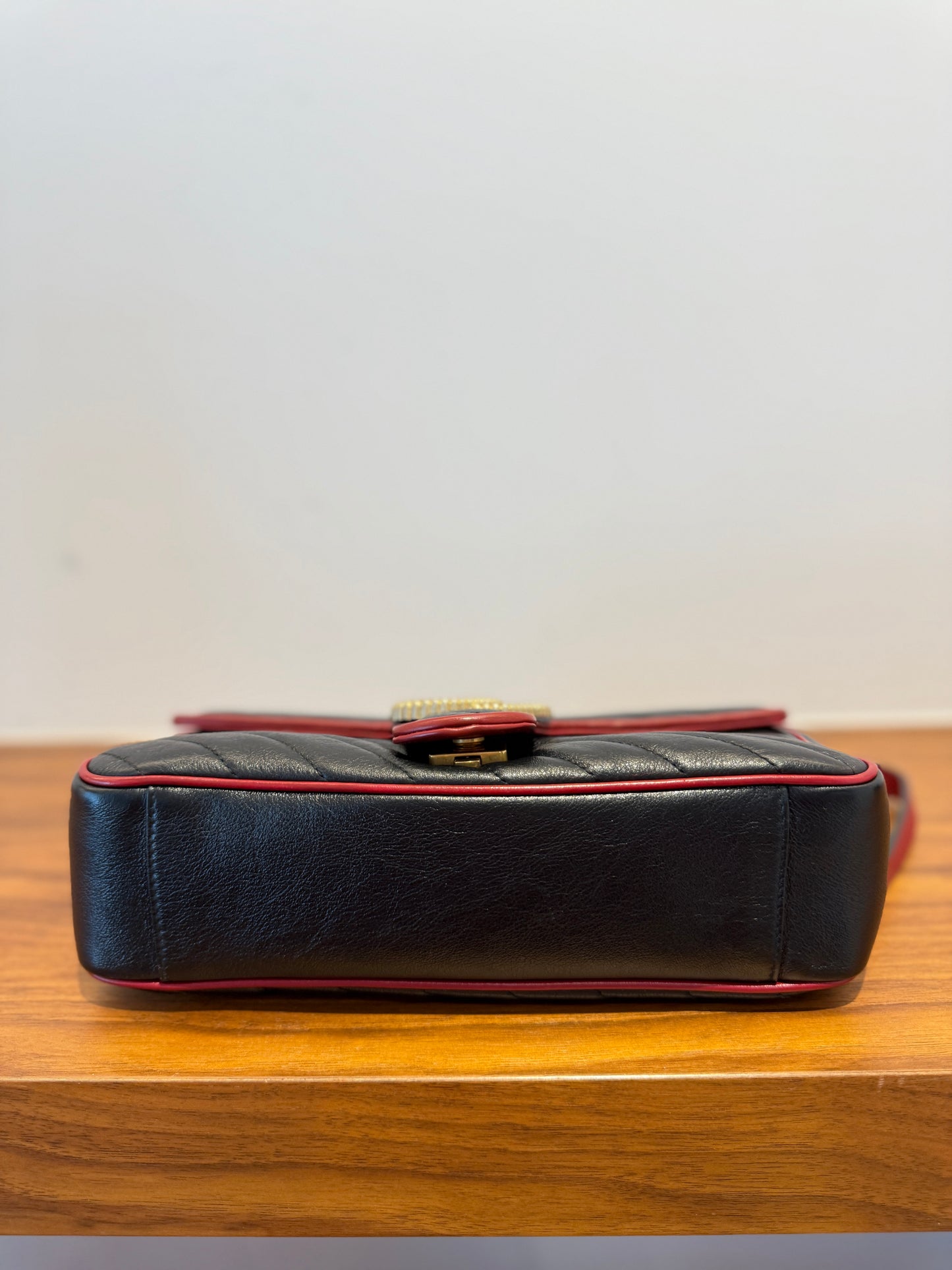 Gucci Vintage Effect Calfskin Matelasse Diagonal Small Torchon GG Marmont Black Romantic Cherry