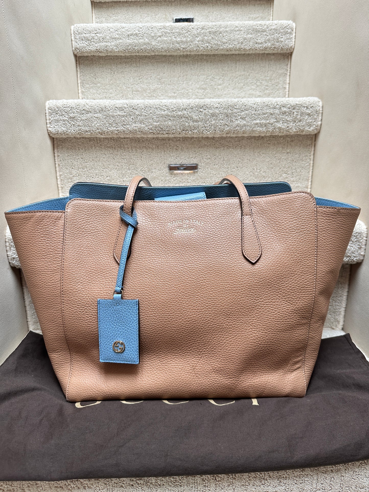 Gucci Calfskin Medium Swing Tote in Tan & Blue