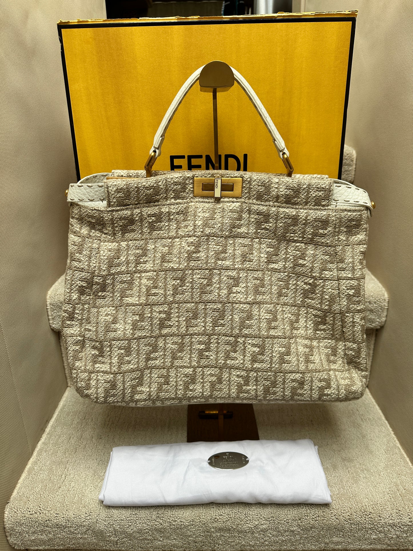 Fendi large peekaboo in monogram fabric and white leather