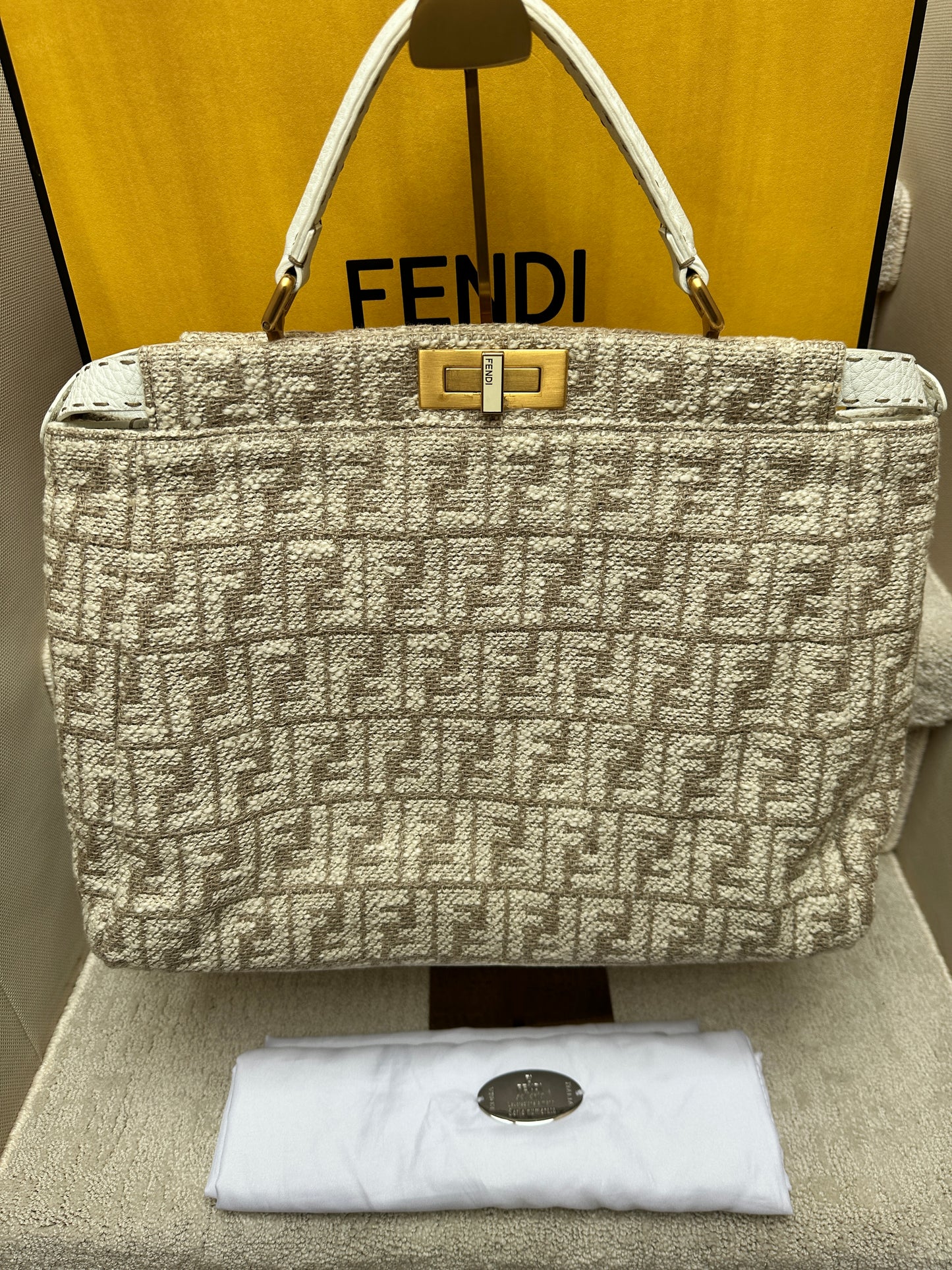 Fendi large peekaboo in monogram fabric and white leather