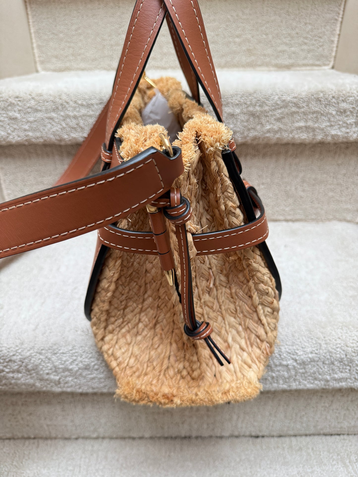 Loewe Dual Gate Satchel in Raffia & Brown Leather