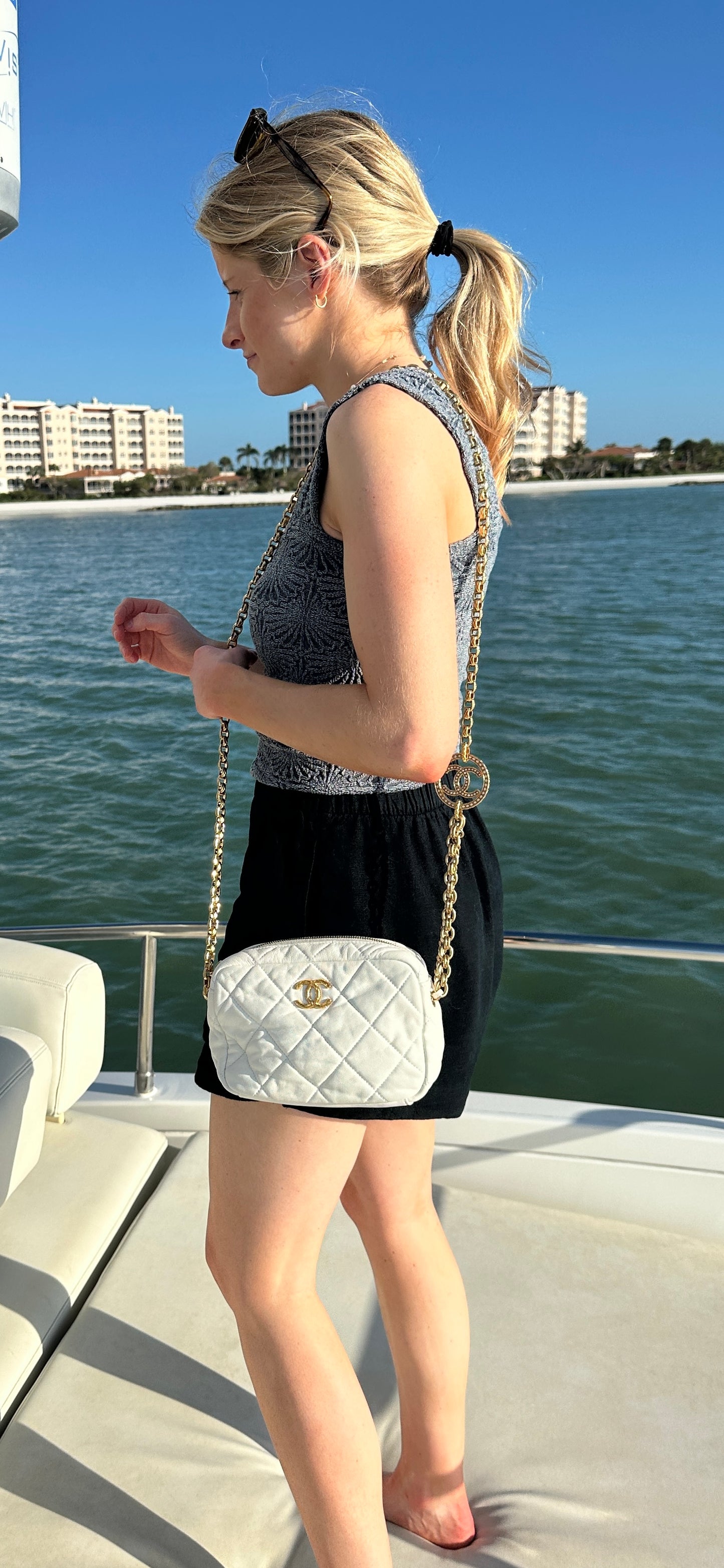Chanel Quilted white Lambskin Leather Medallion Chain Camera Bag