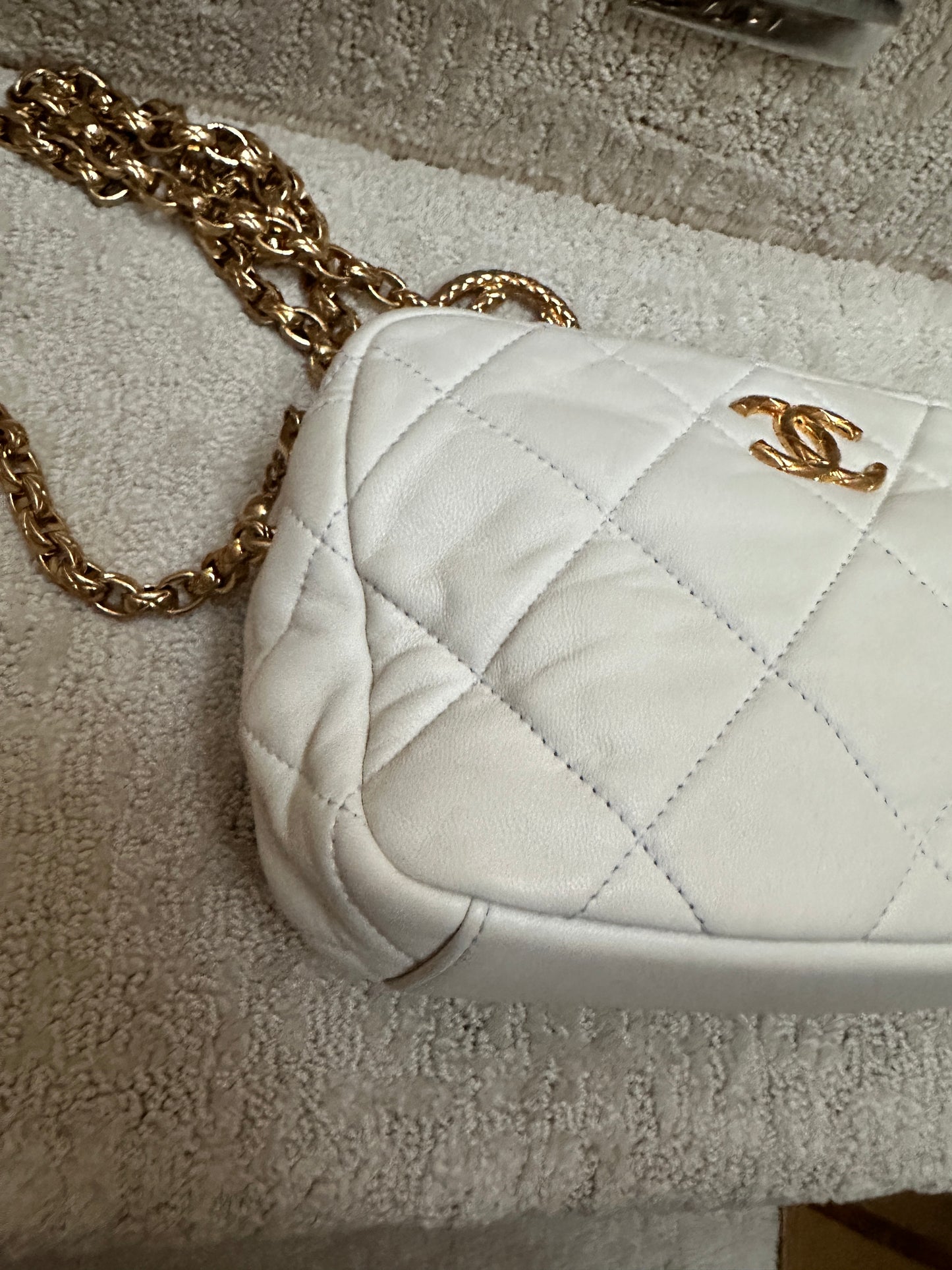 Chanel Quilted white Lambskin Leather Medallion Chain Camera Bag