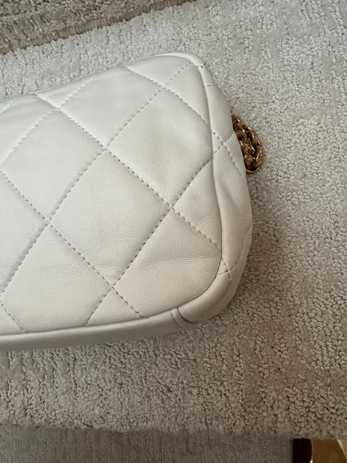 Chanel Quilted white Lambskin Leather Medallion Chain Camera Bag