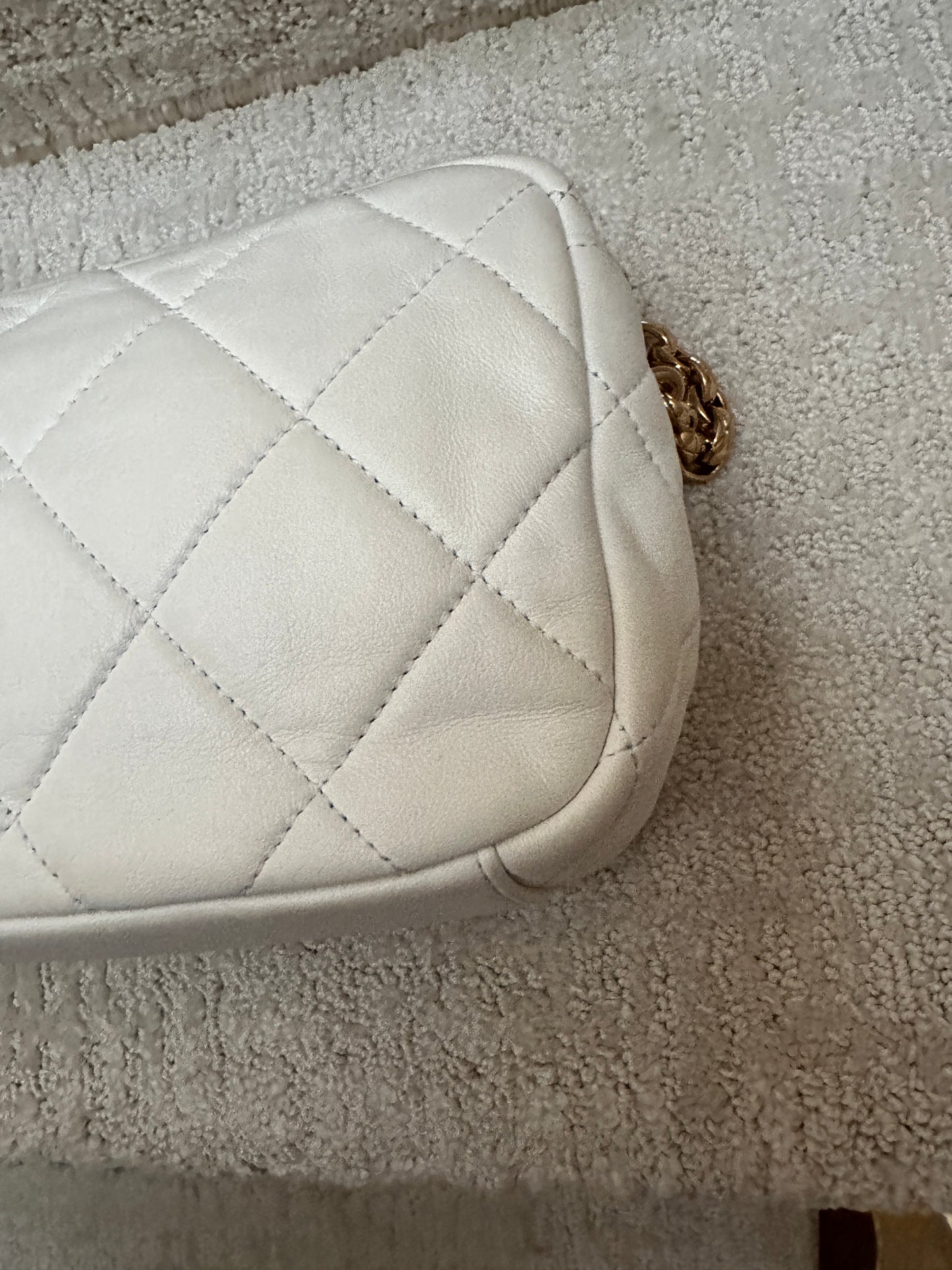 Chanel Quilted white Lambskin Leather Medallion Chain Camera Bag