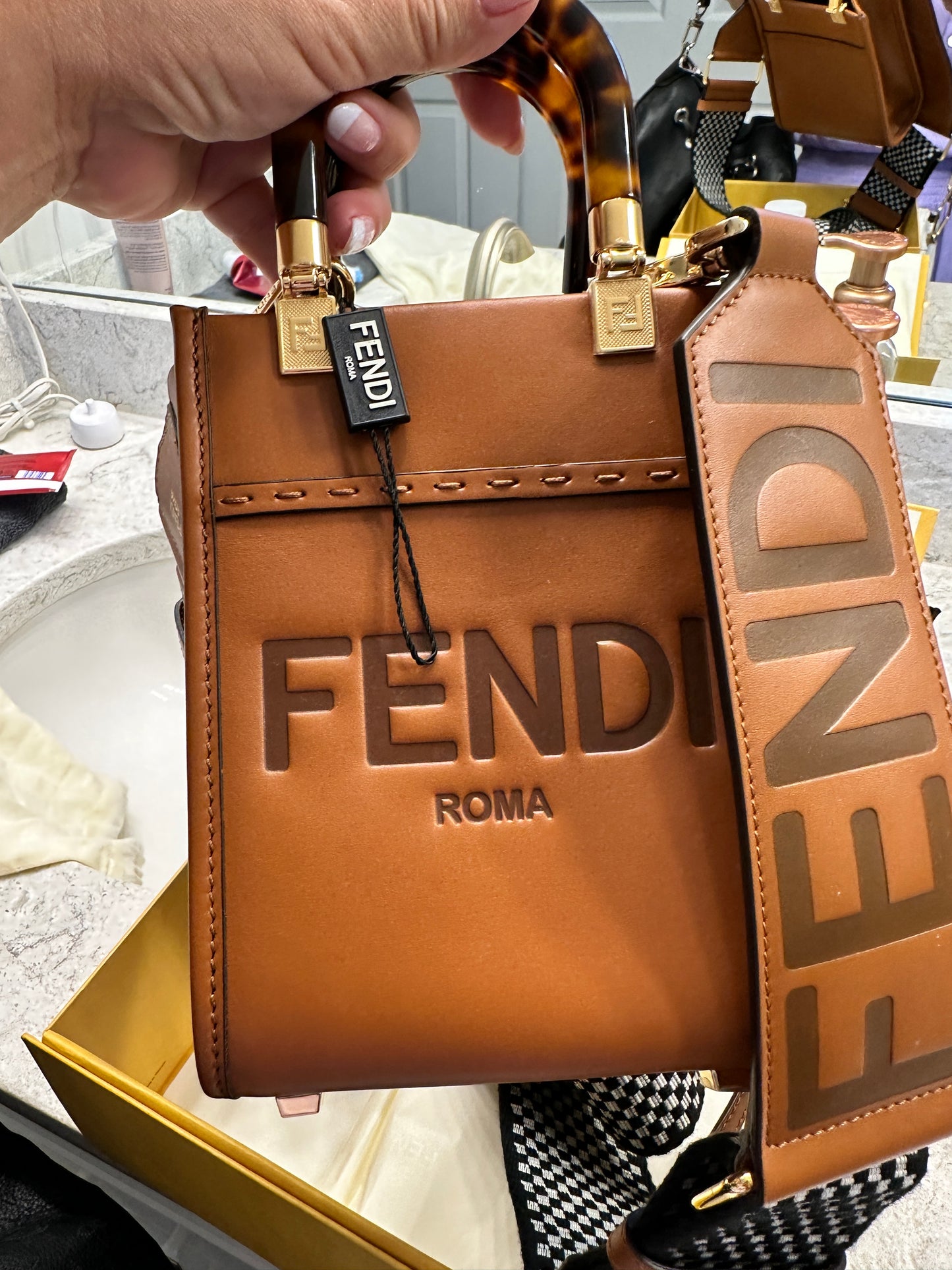 FENDI Vitello King Plexiglass Logo Embossed Mini Fendi Sunshine Shopper Tote Cuoio