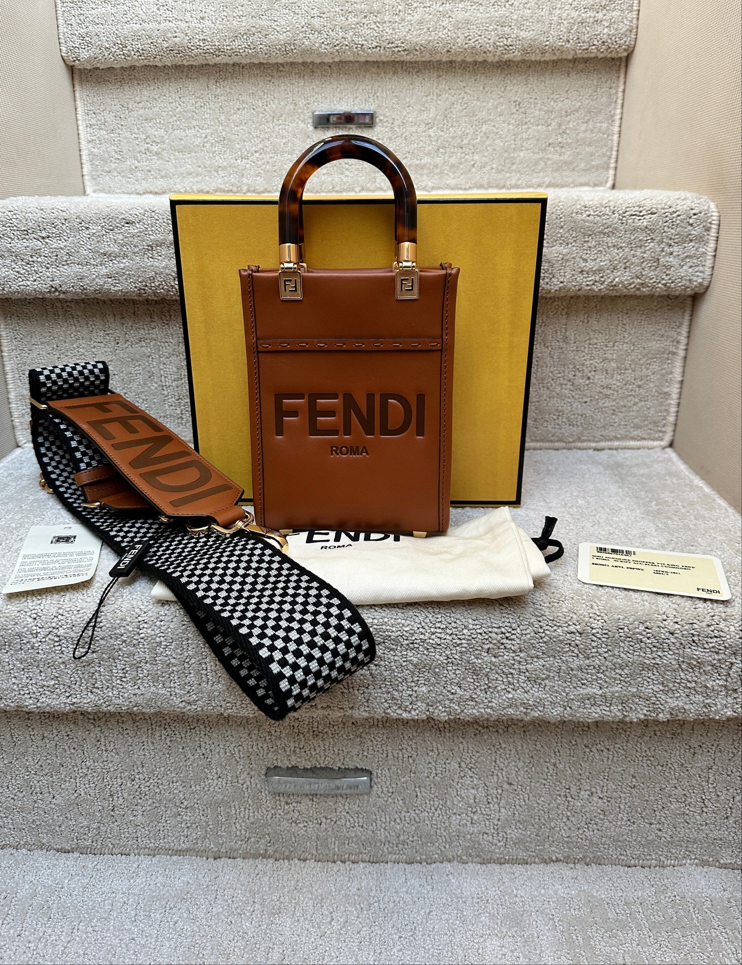 FENDI Vitello King Plexiglass Logo Embossed Mini Fendi Sunshine Shopper Tote Cuoio