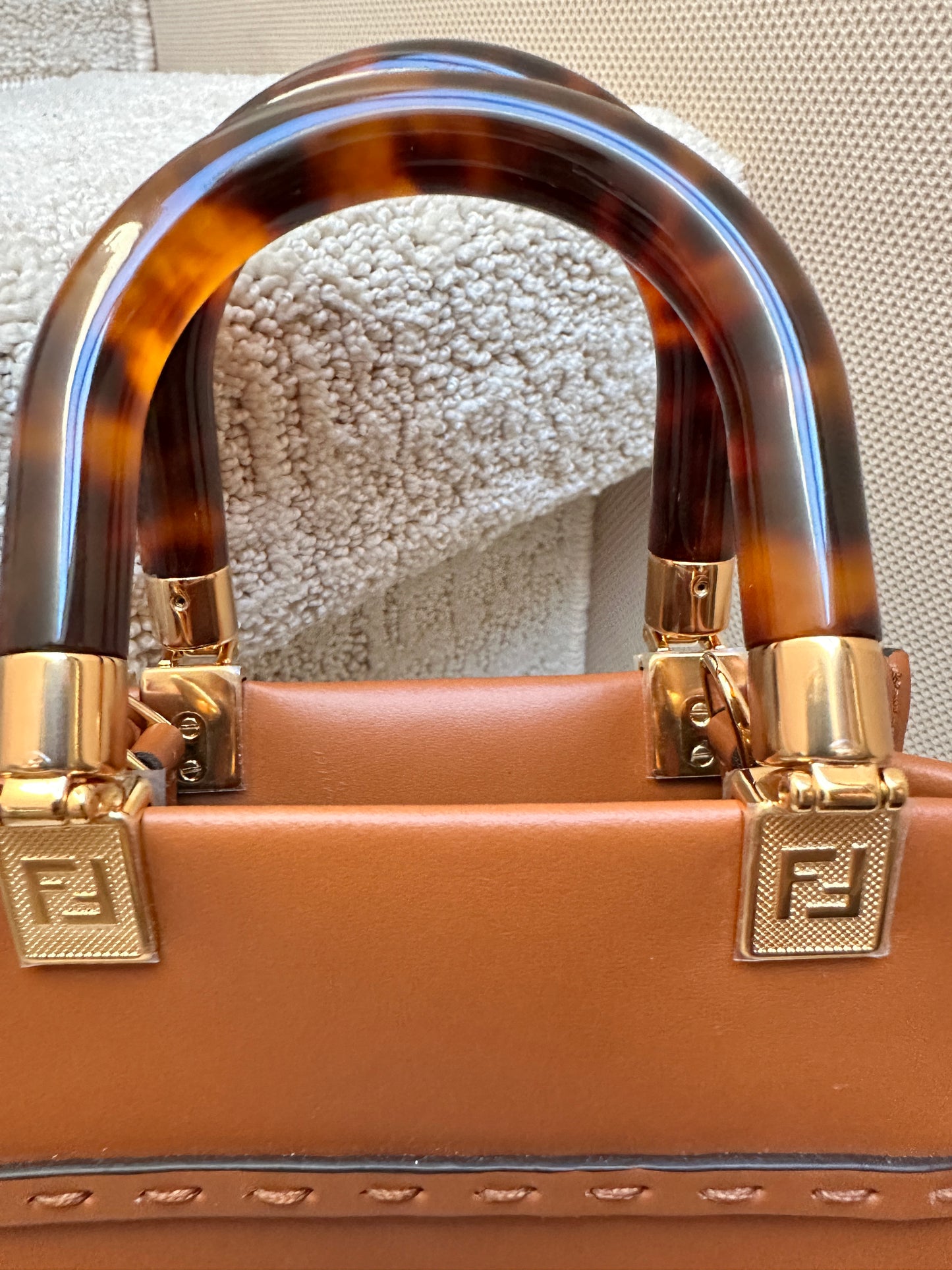 FENDI Vitello King Plexiglass Logo Embossed Mini Fendi Sunshine Shopper Tote Cuoio