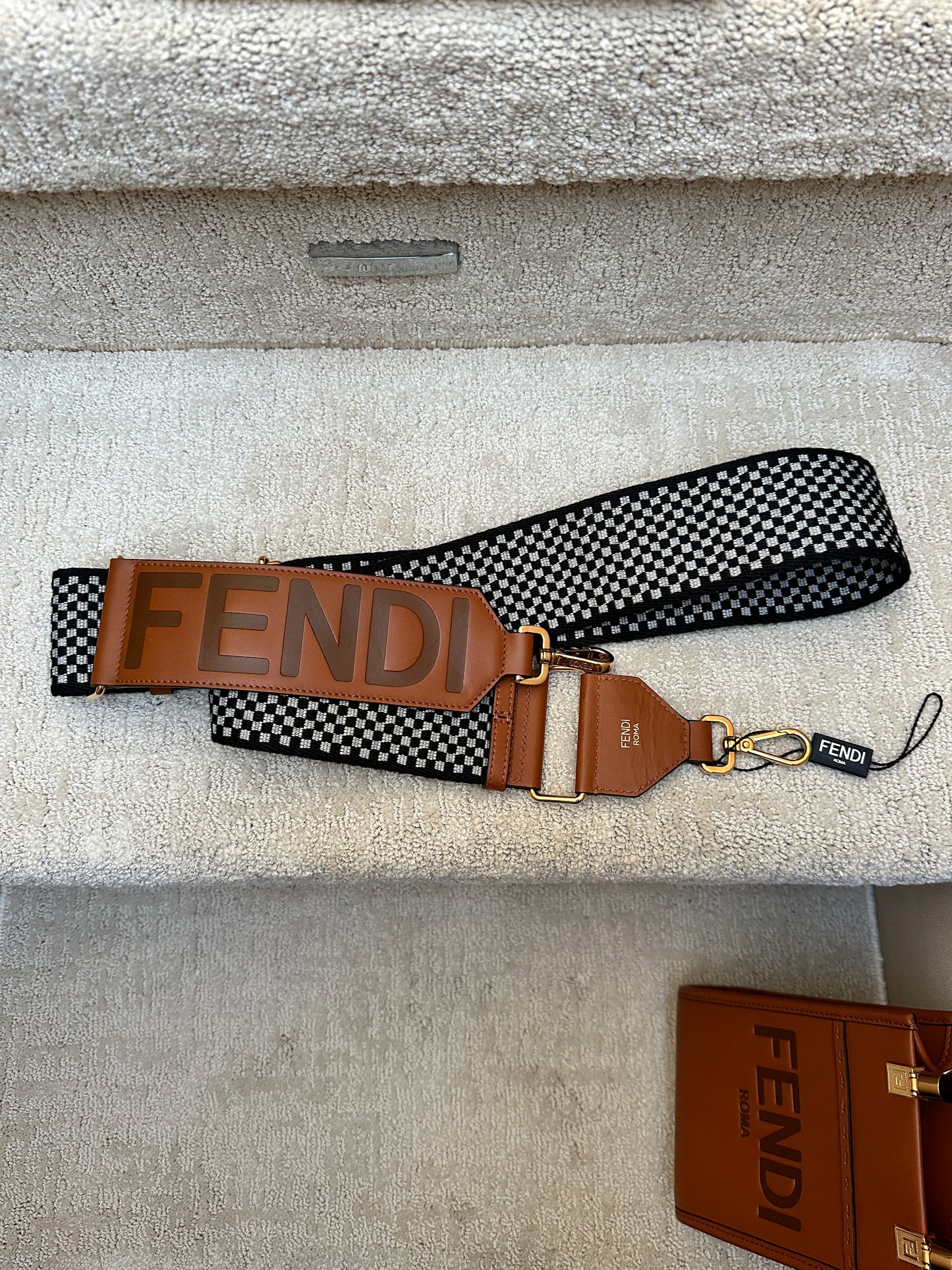 FENDI Vitello King Plexiglass Logo Embossed Mini Fendi Sunshine Shopper Tote Cuoio