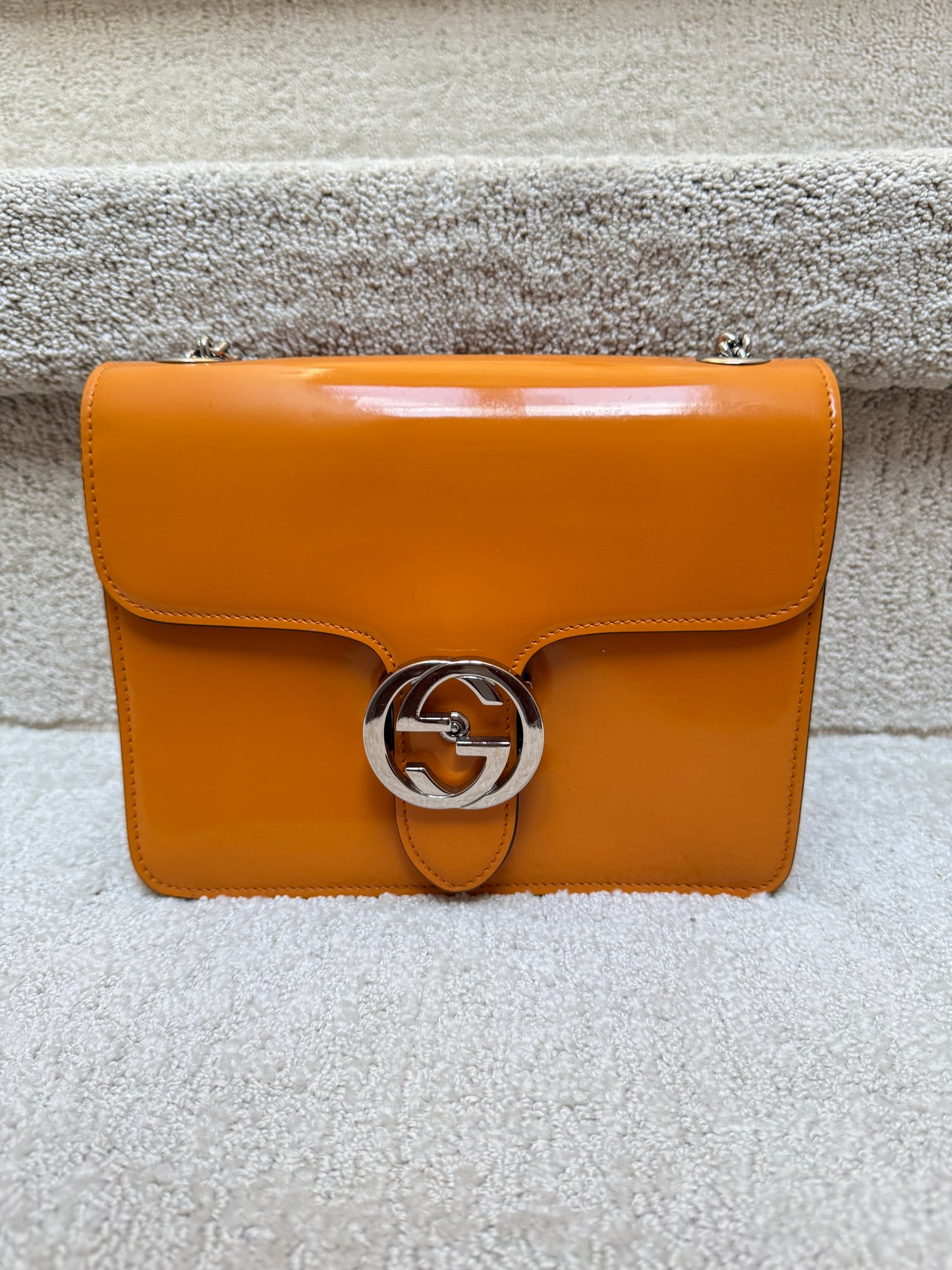 Gucci Dollar Calfskin Small Interlocking G Shoulder Bag in orange patent