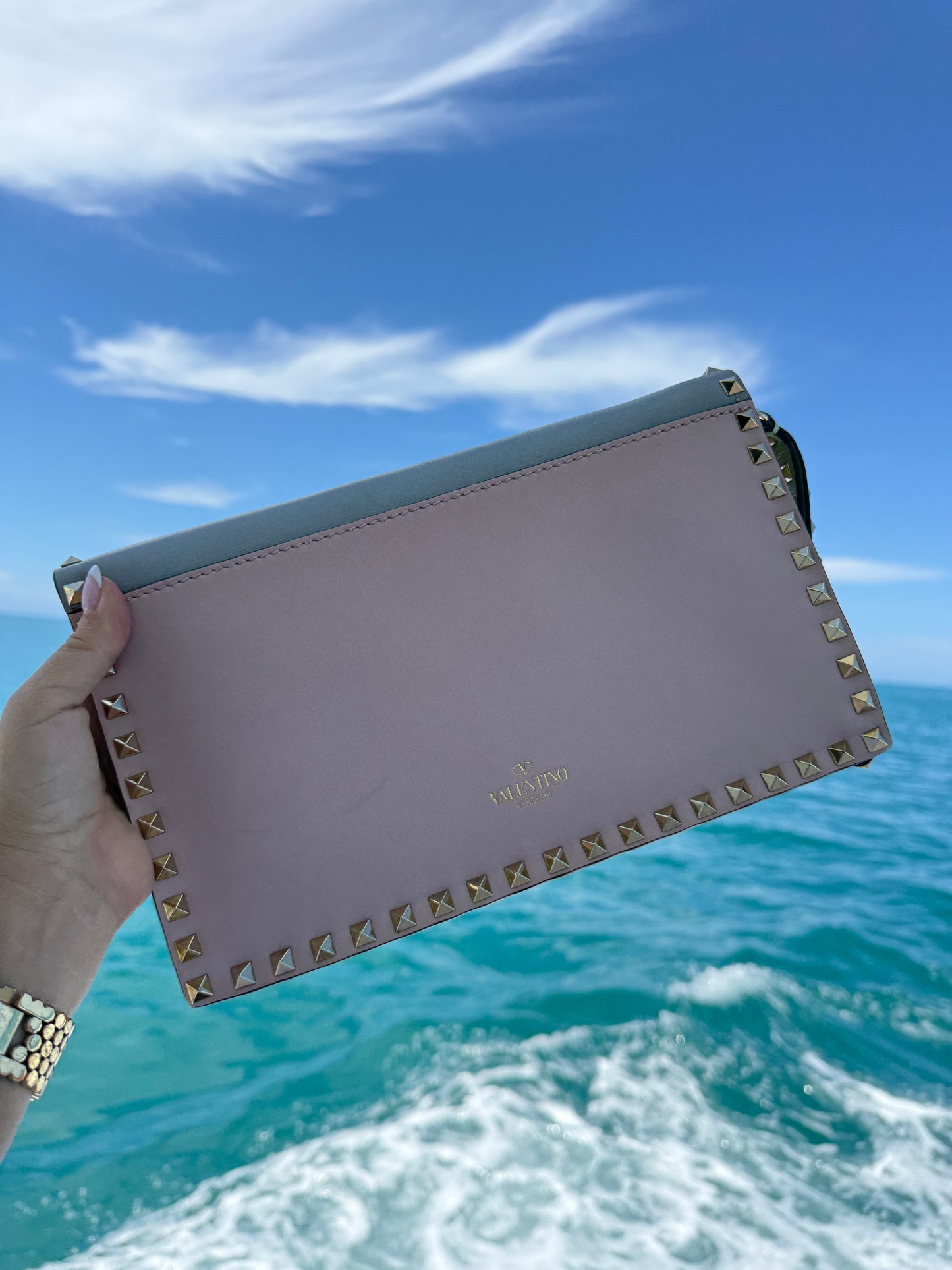 Valentino Garvanni Nappa Watercolor Rockstud Wristlet Clutch Rose Green Yellow Sky