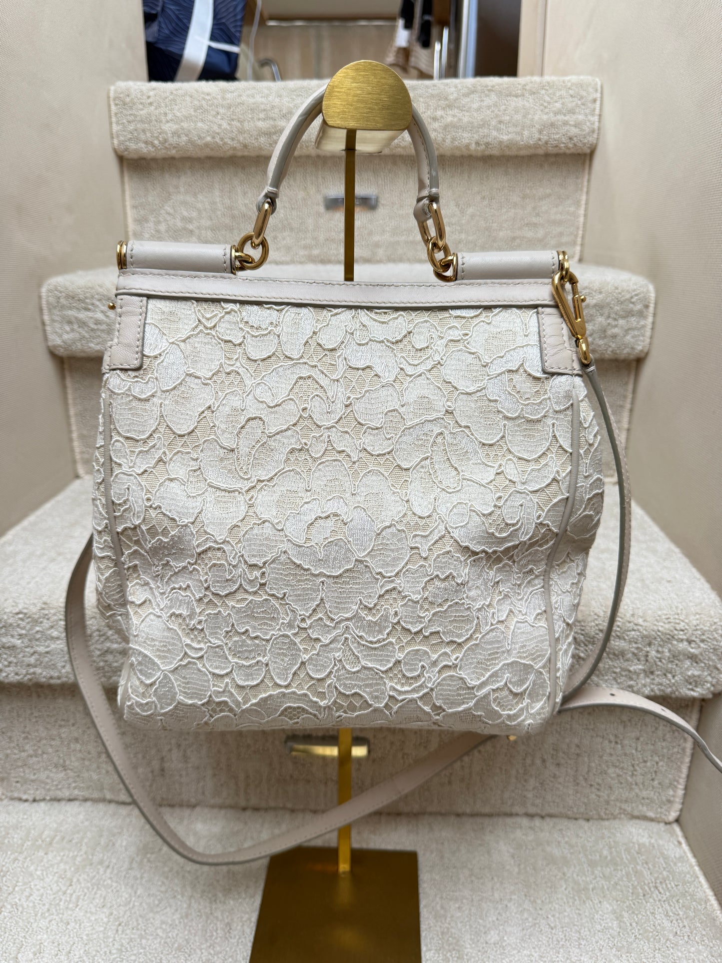 Dolce and Gabbana Sicily Handbag in cream lace fabric