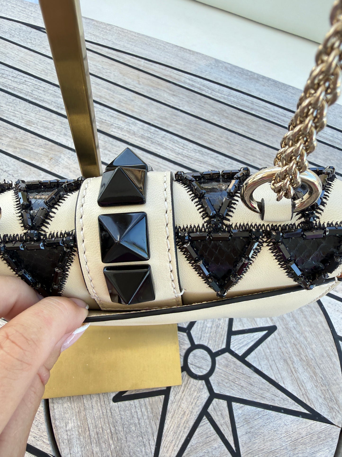 Valentino Monochrome Geometric Beaded Snakeskin/Leather Lock Shoulder Bag