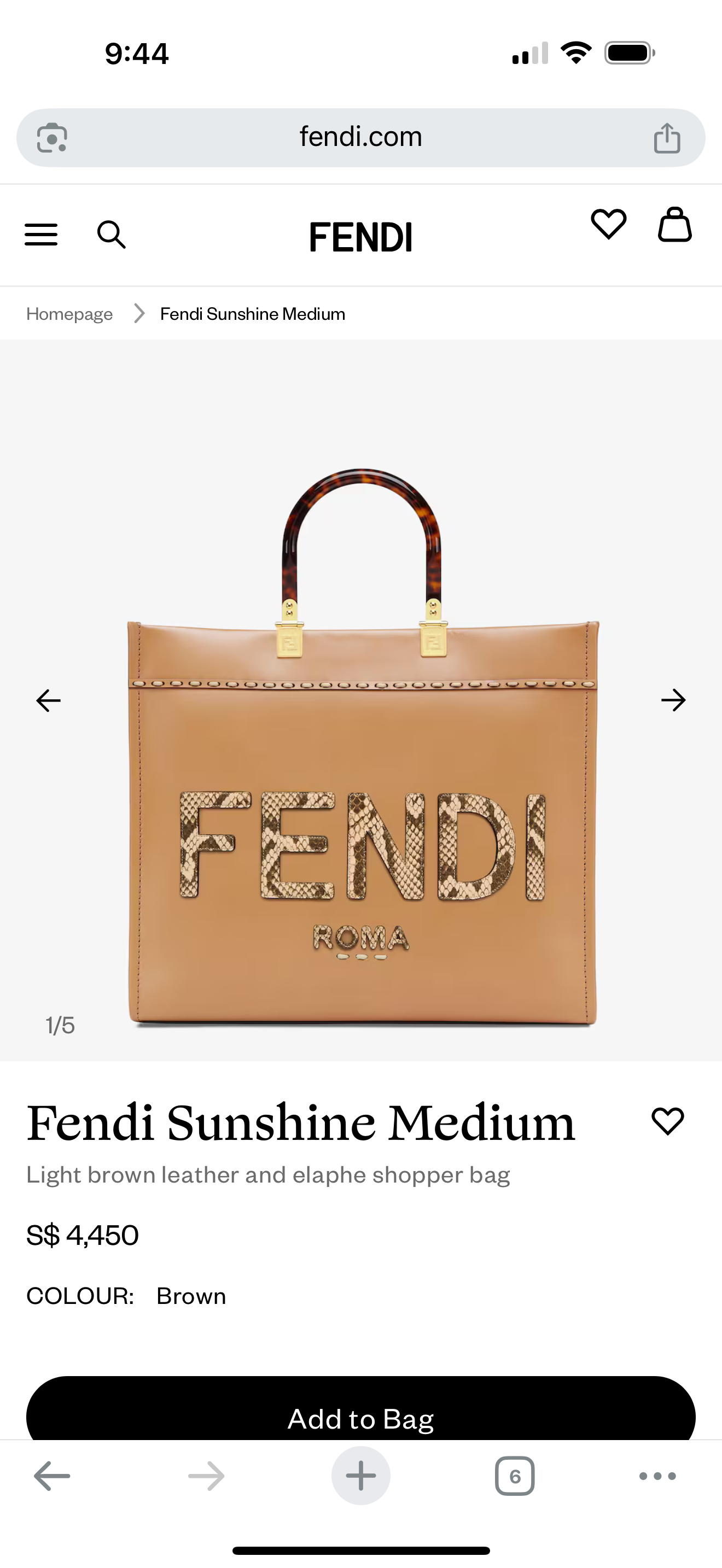 NEW!! Fendi Sunshine Medium Light brown leather and elaphe shopper bag