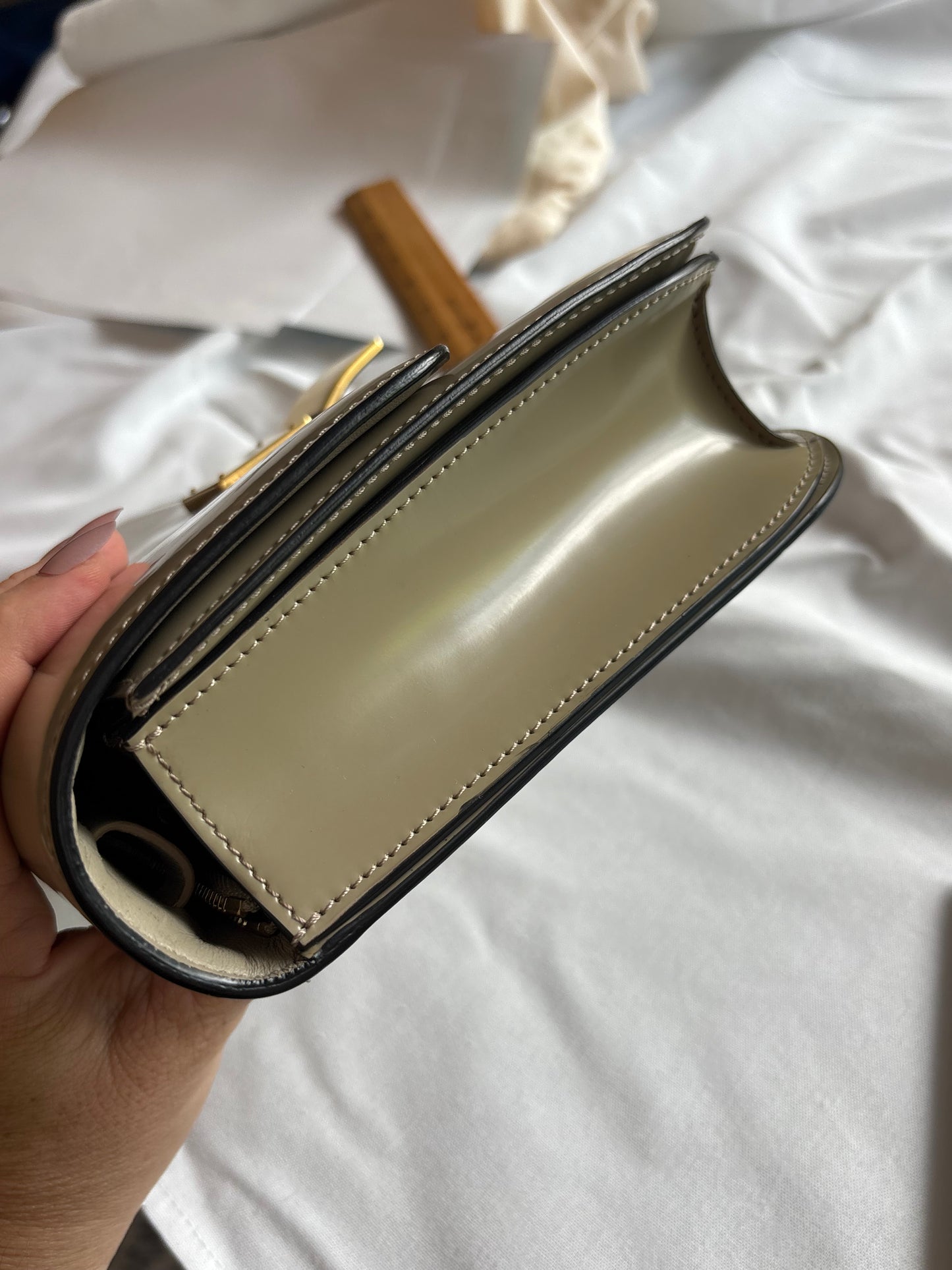 Celine Medium Classic Box Flap Bag in Greige Patent Leather Pre-Owned