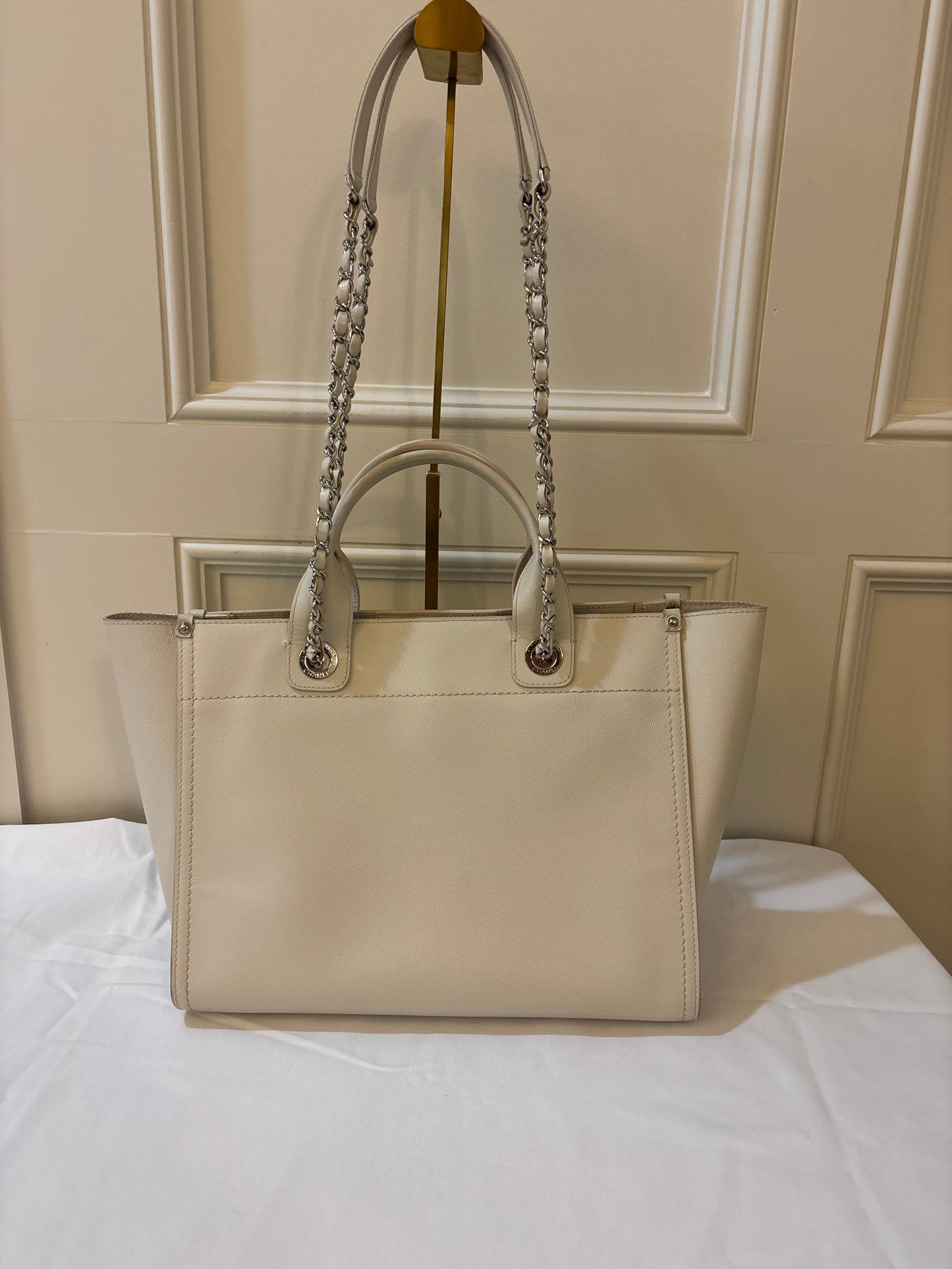 Chanel Studded Deauville Tote in Size Small Caviar Leather White Pre-Owned