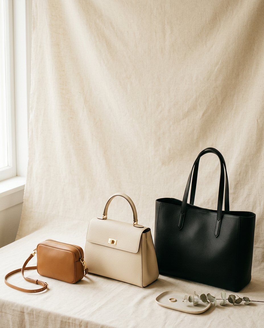 Three structured handbags in tan, cream and black arranged on a warm cream surface