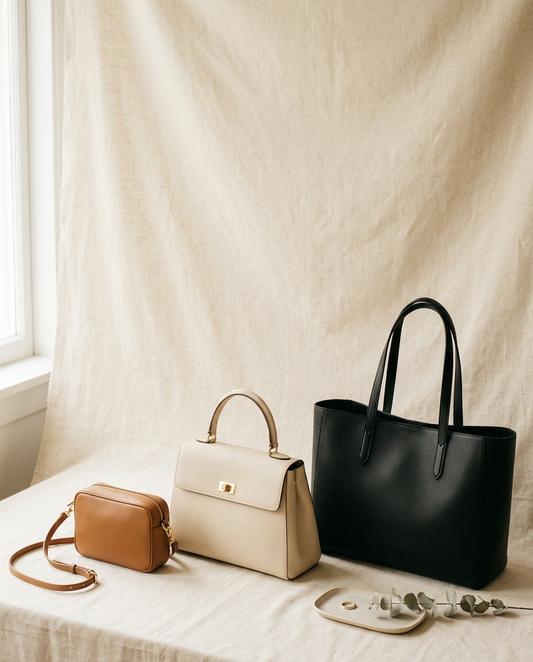 Three structured handbags in tan, cream and black arranged on a warm cream surface