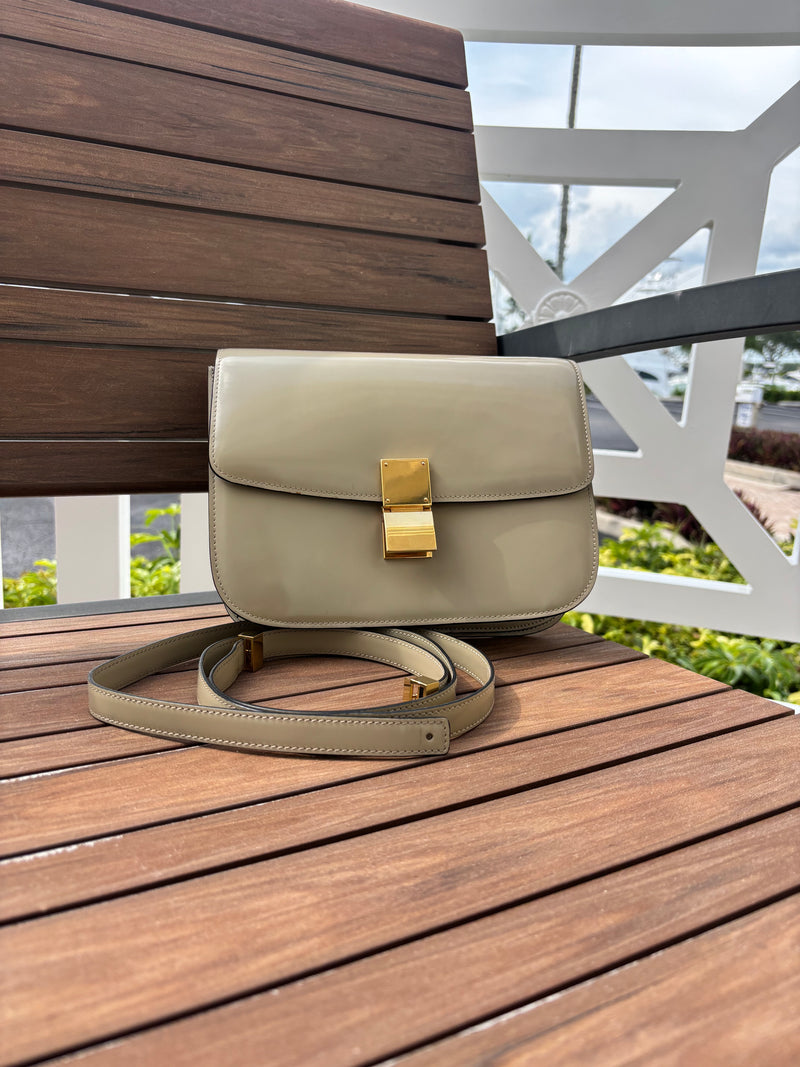Celine Medium Classic Box Flap Bag in Greige Patent Leather Pre-Owned