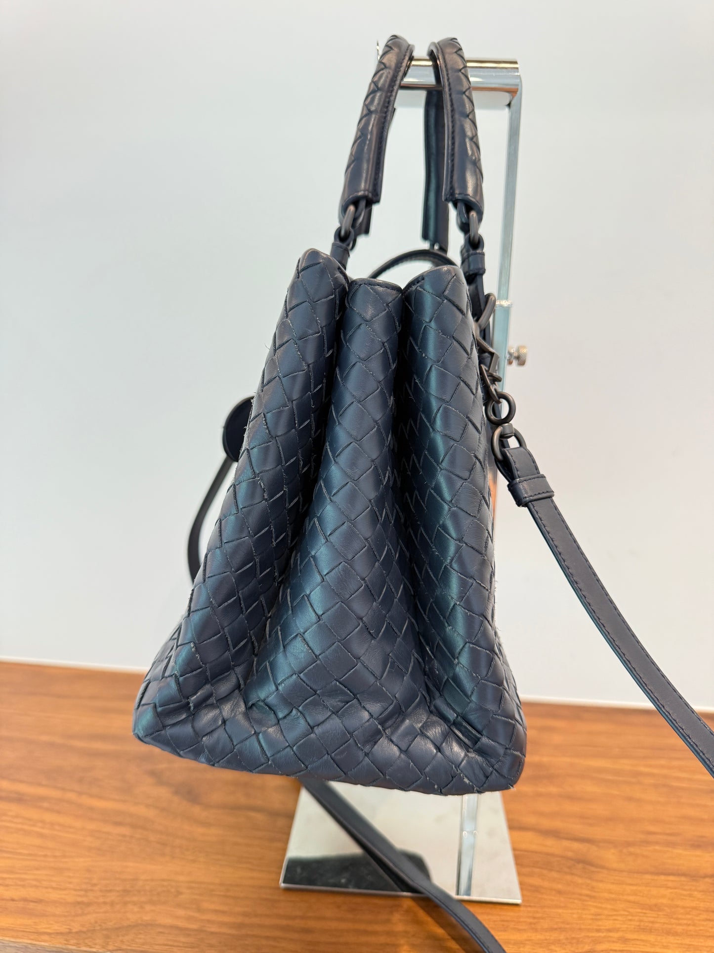 Bottega veneta Roma large handbag in navy side view from purseonalshopper