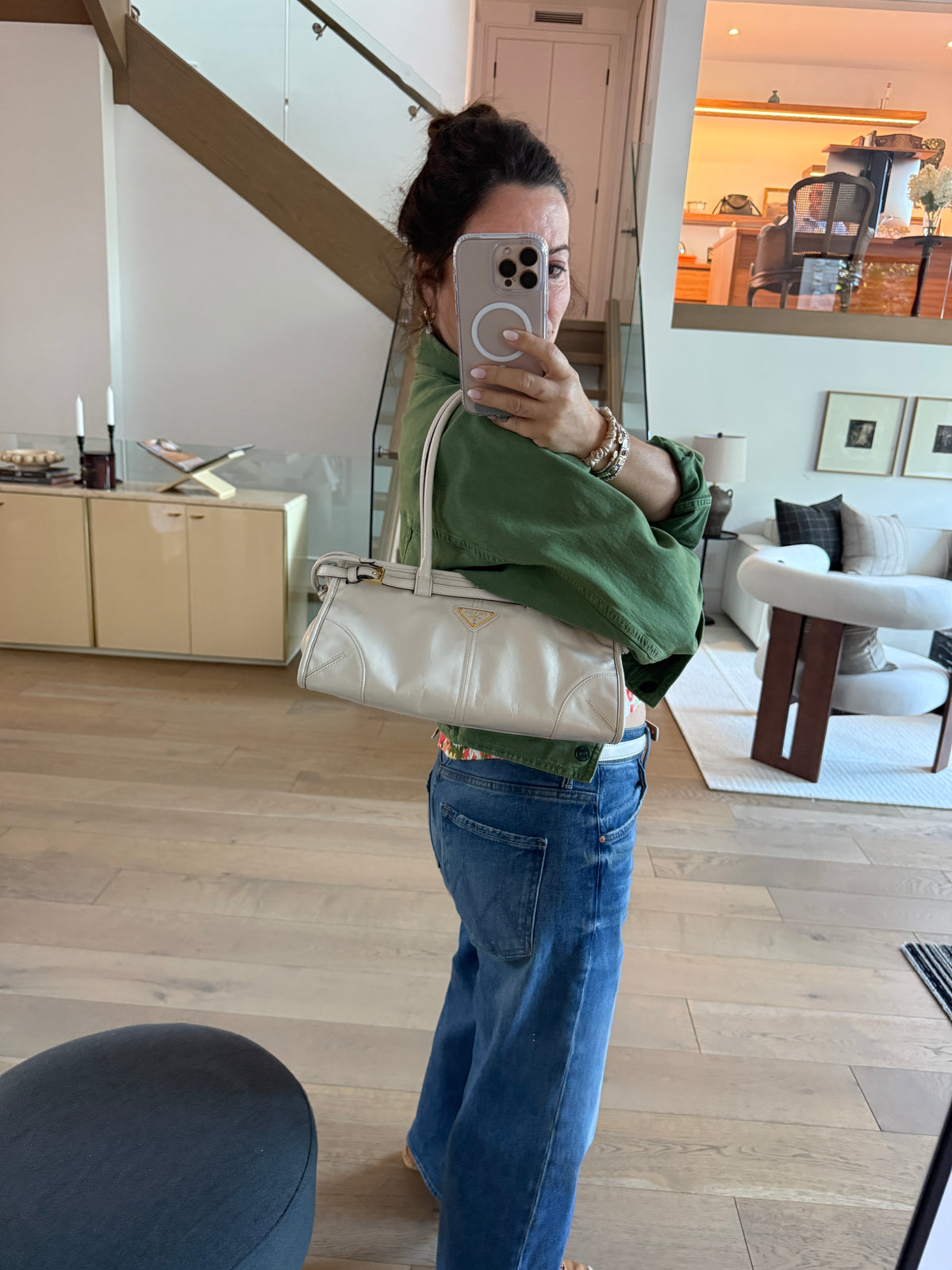 Prada Glossy Calfskin Triangle Medium Bonnie Shoulder Bag in White