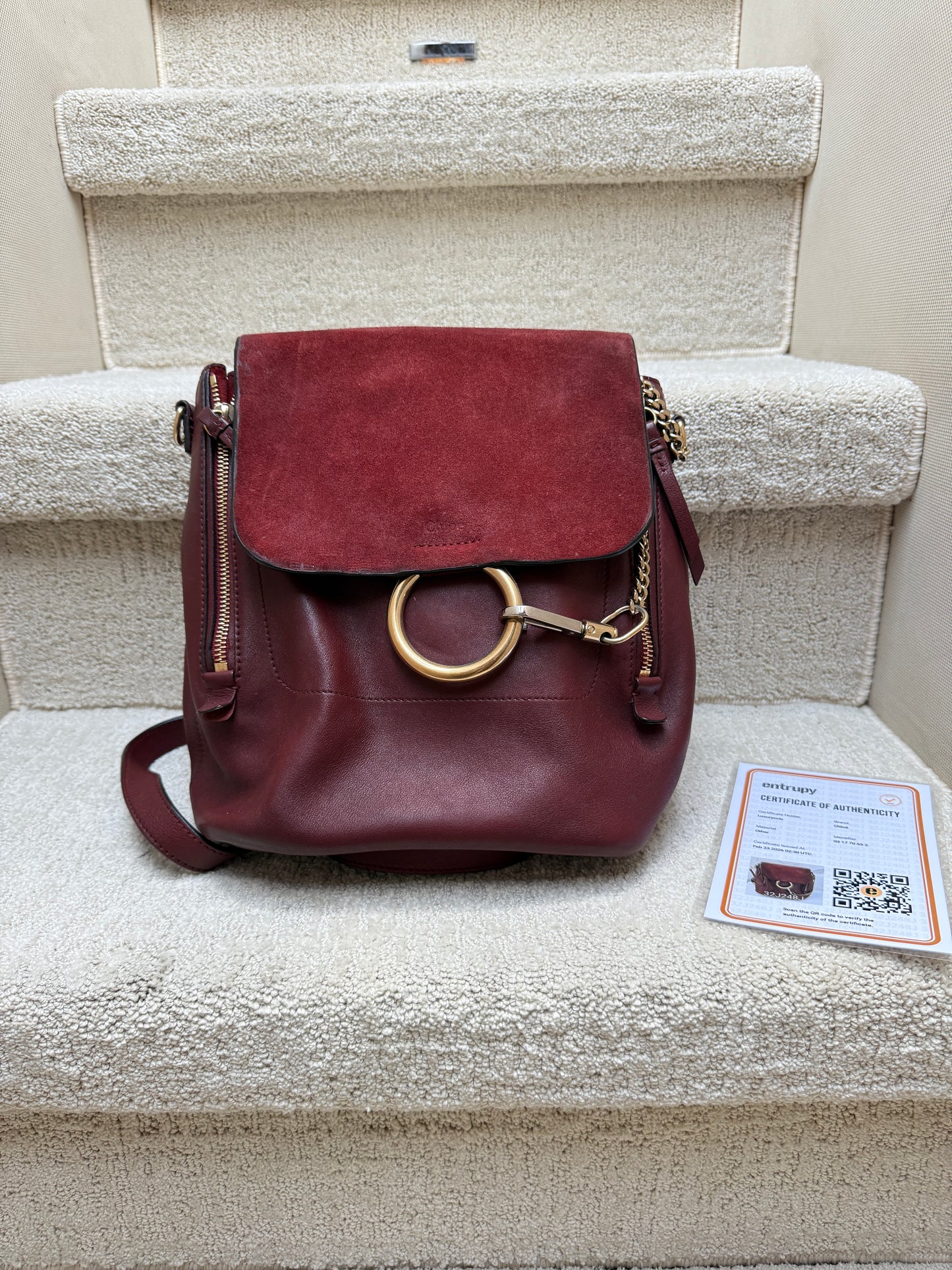 Chloe Suede Calfskin Medium Faye Backpack in Burgundy Pre-Owned