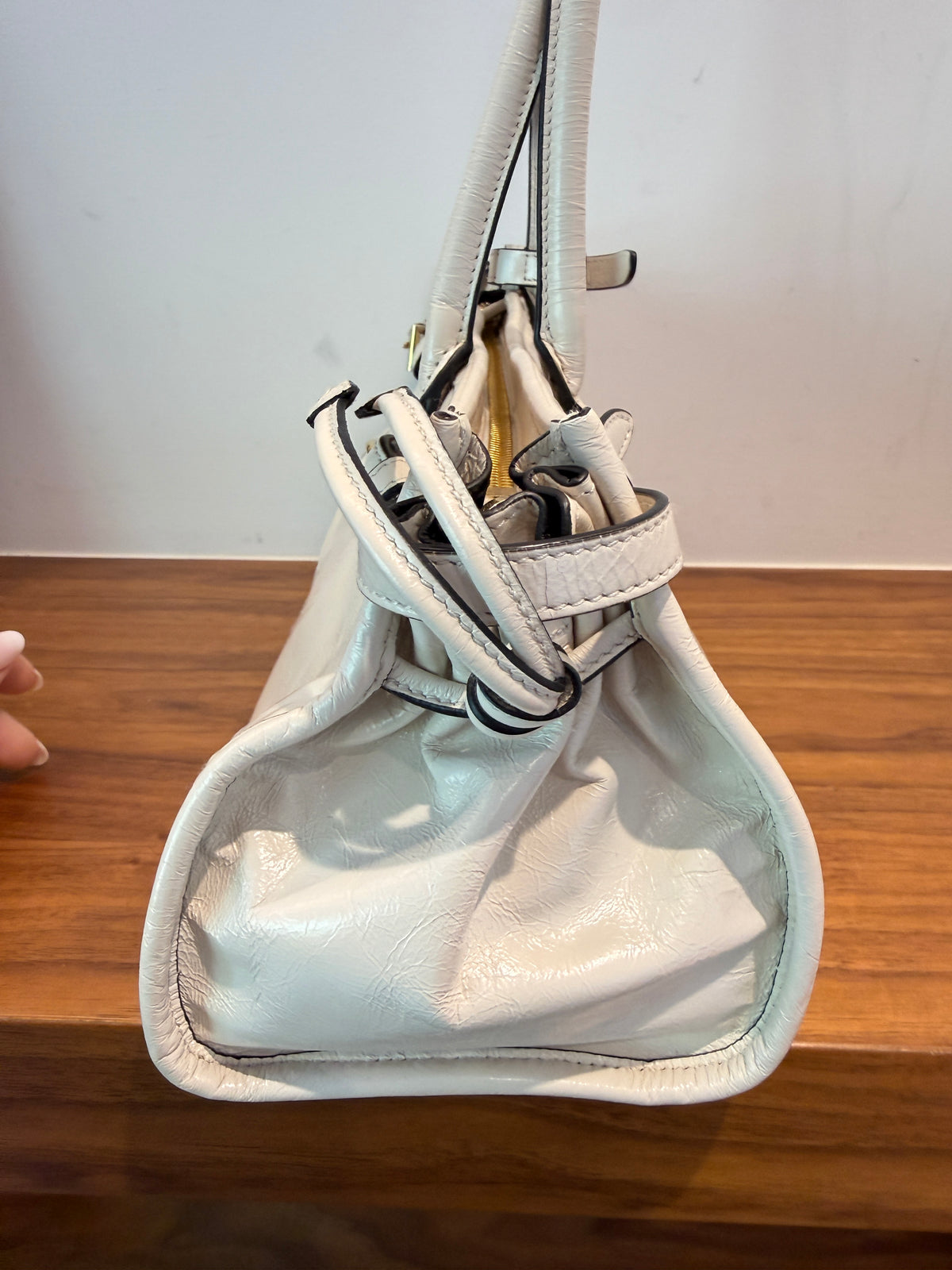 Prada Glossy Calfskin Triangle Medium Bonnie Shoulder Bag in White
