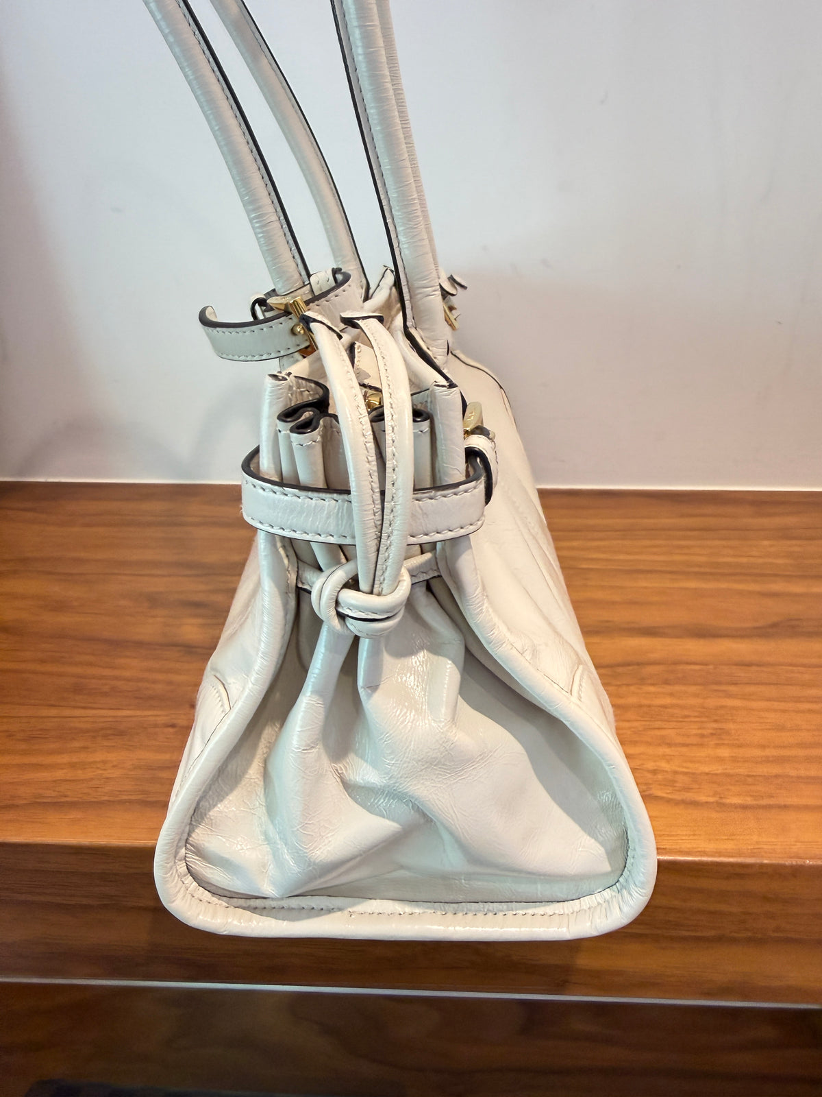 Prada Glossy Calfskin Triangle Medium Bonnie Shoulder Bag in White