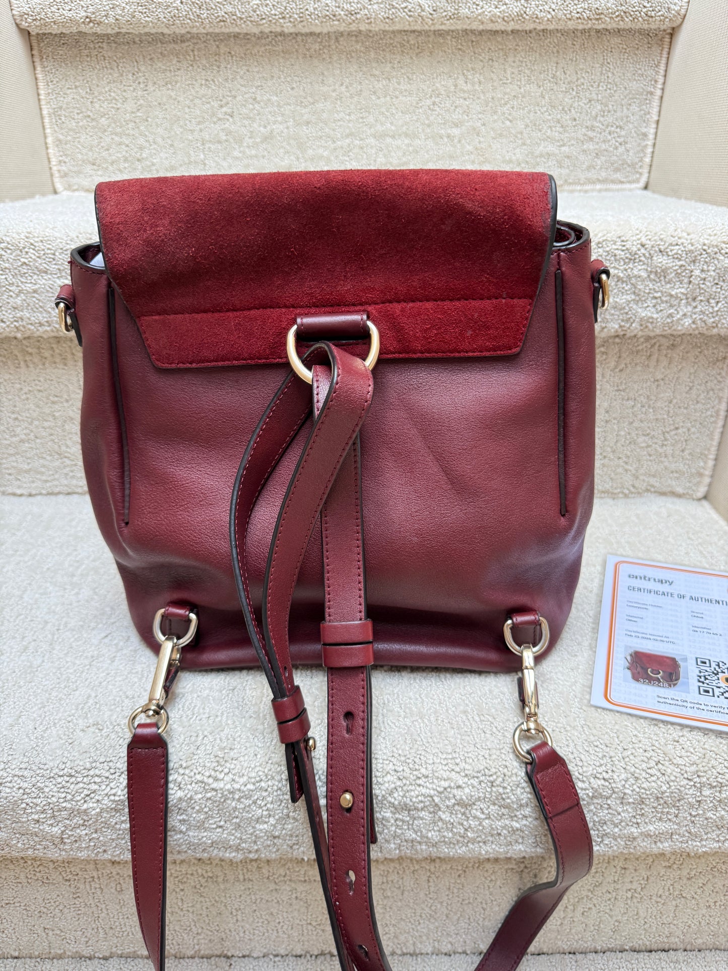 Chloe Suede Calfskin Medium Faye Backpack in Burgundy Pre-Owned