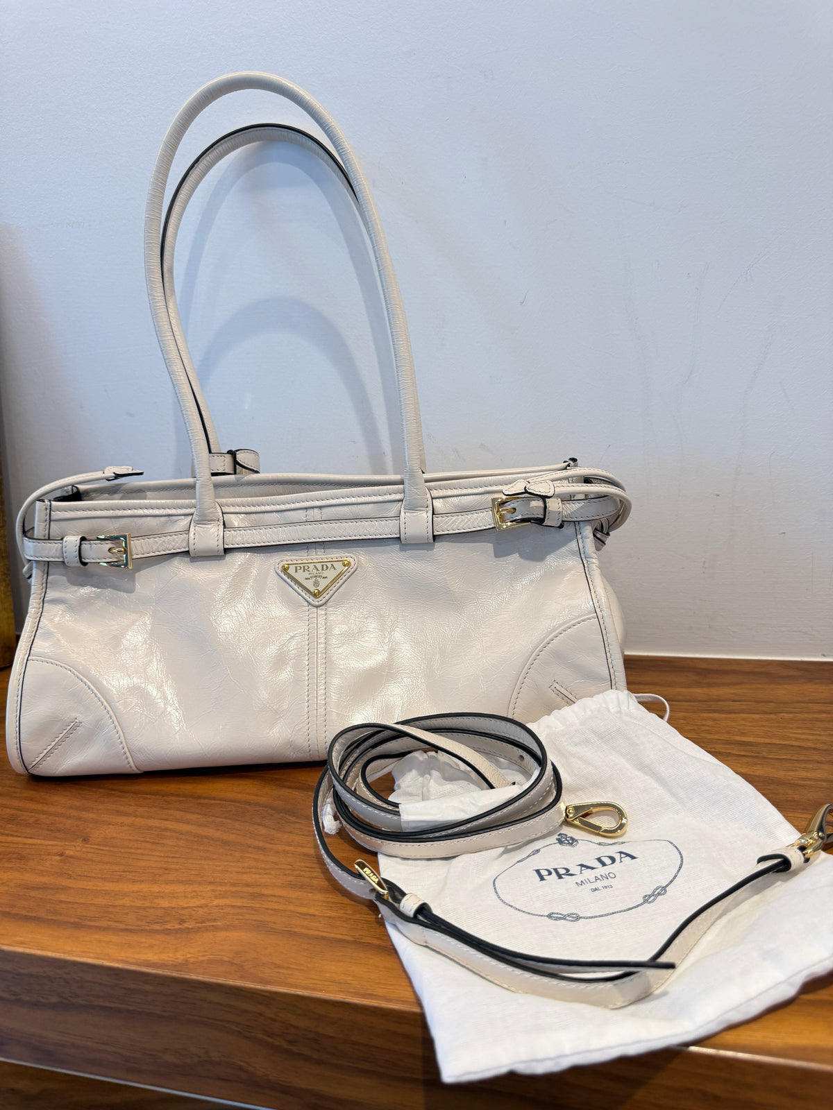Prada Glossy Calfskin Triangle Medium Bonnie Shoulder Bag in White