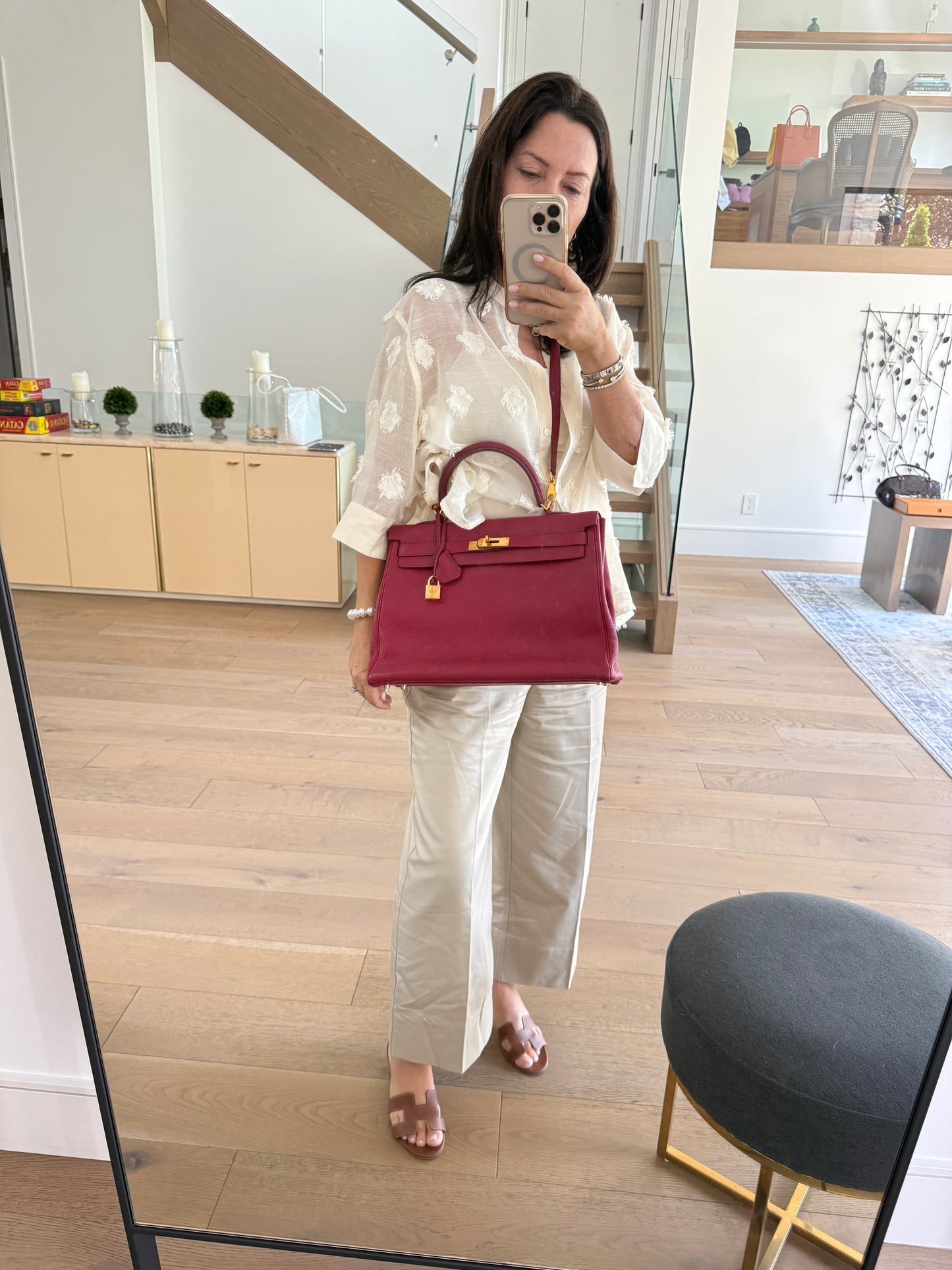 Hermes’ Kelly 35 Retourne Handbag in Togo Leather in Tosca Raspberry Pre-Owned