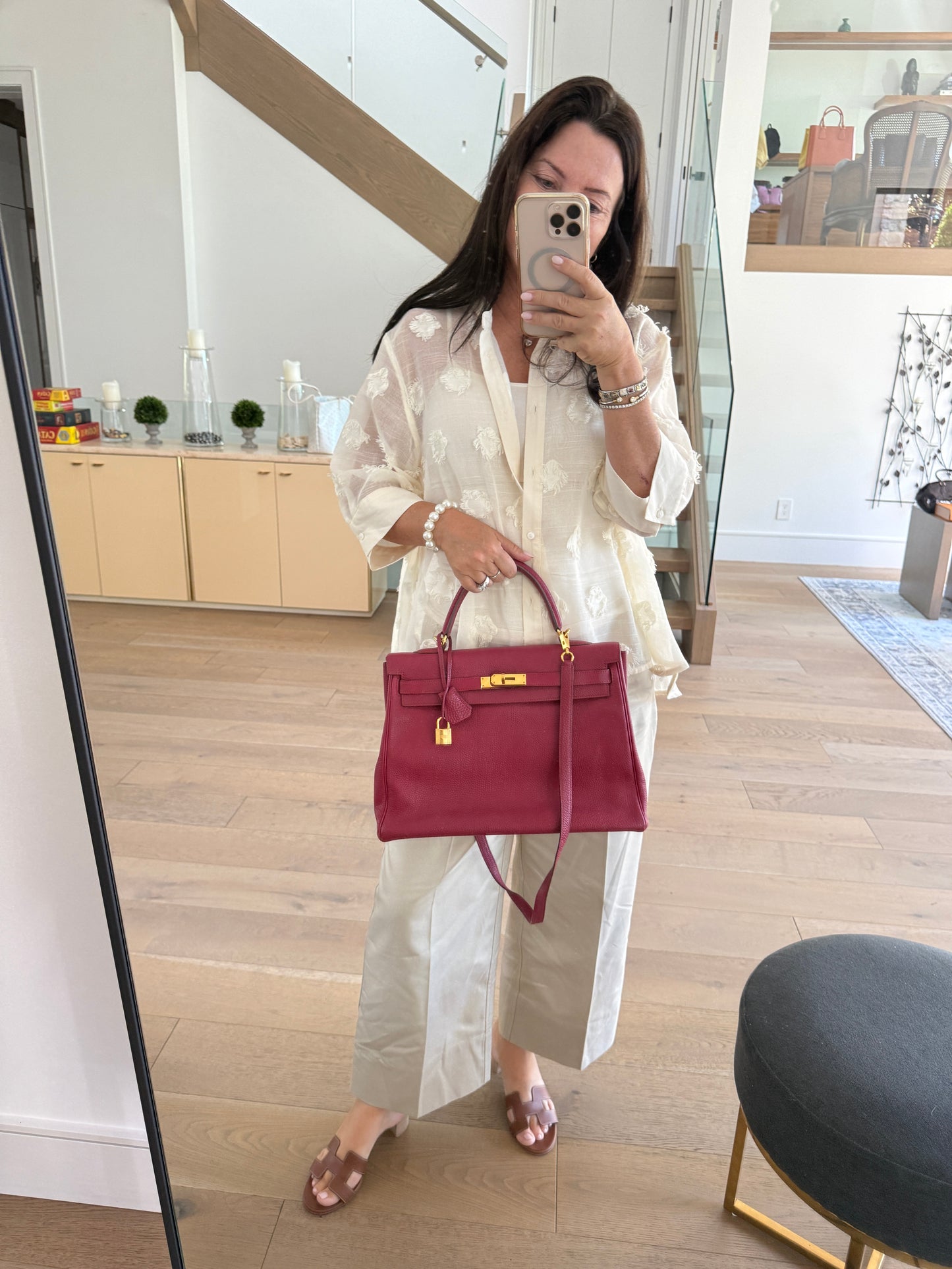 Hermes’ Kelly 35 Retourne Handbag in Togo Leather in Tosca Raspberry Pre-Owned