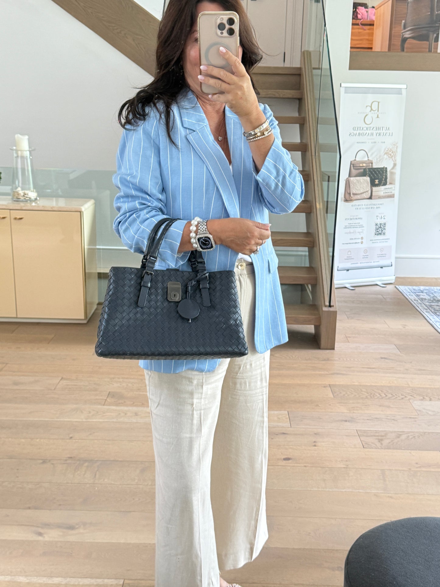 Bottega Veneta Intrecciato Roma Handbag in Navy Blue