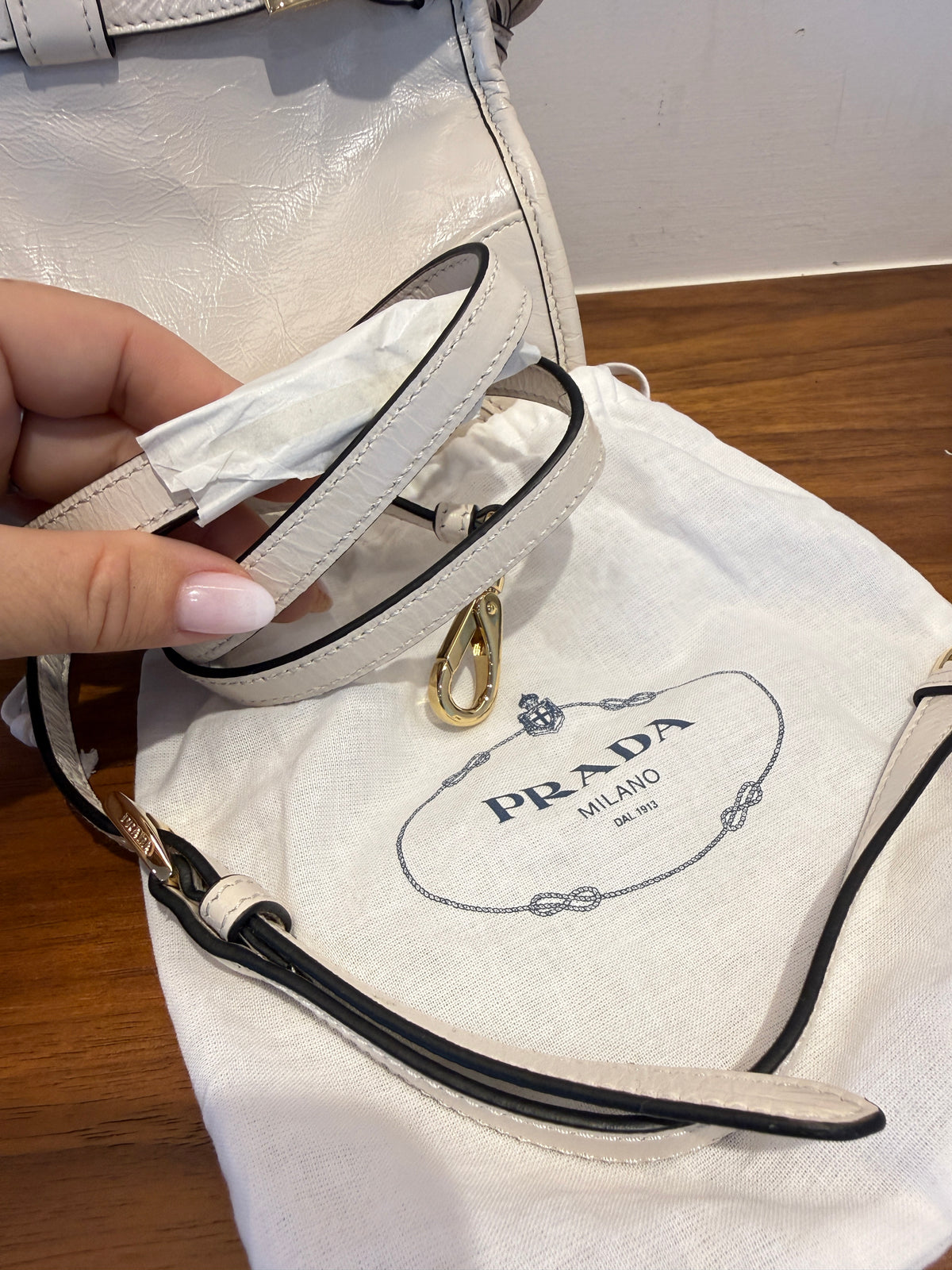 Prada Glossy Calfskin Triangle Medium Bonnie Shoulder Bag in White