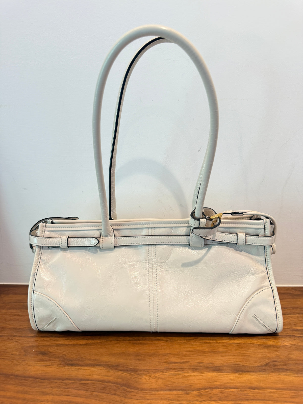 Prada Glossy Calfskin Triangle Medium Bonnie Shoulder Bag in White