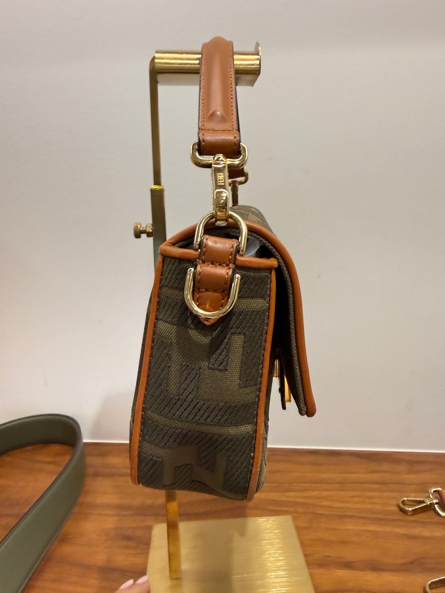 Fendi Baguette Monogram in Khaki and Brown Monogram with Extra Leather Strap Pre-Owned