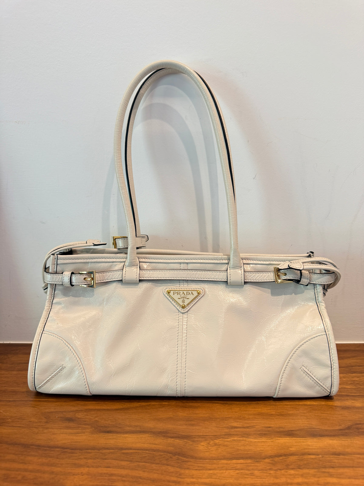 Prada Glossy Calfskin Triangle Medium Bonnie Shoulder Bag in White