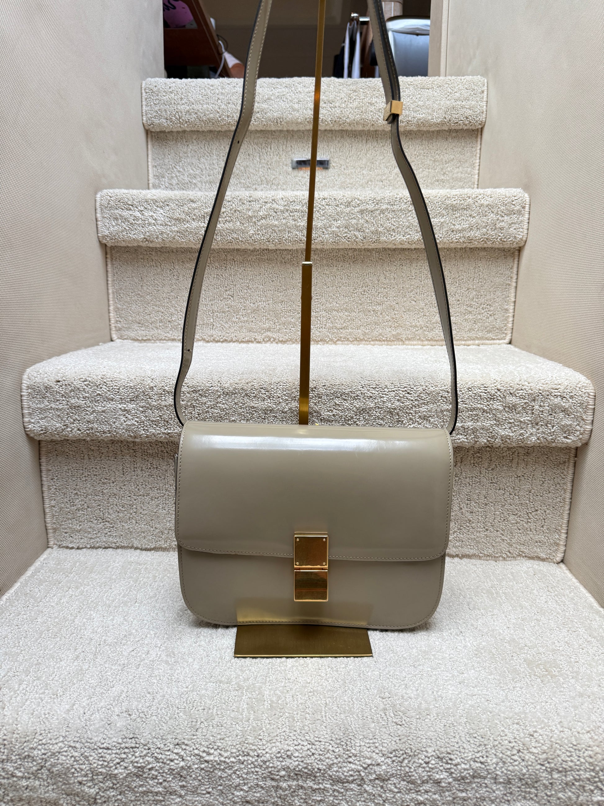Celine box bag in taupe shiny leather authentic pre-owned from Purseonalshopper 