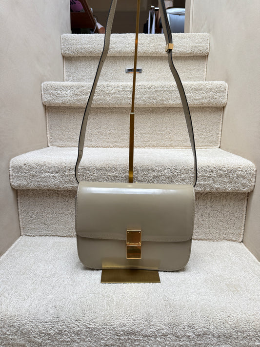 Celine box bag in taupe shiny leather authentic pre-owned from Purseonalshopper 