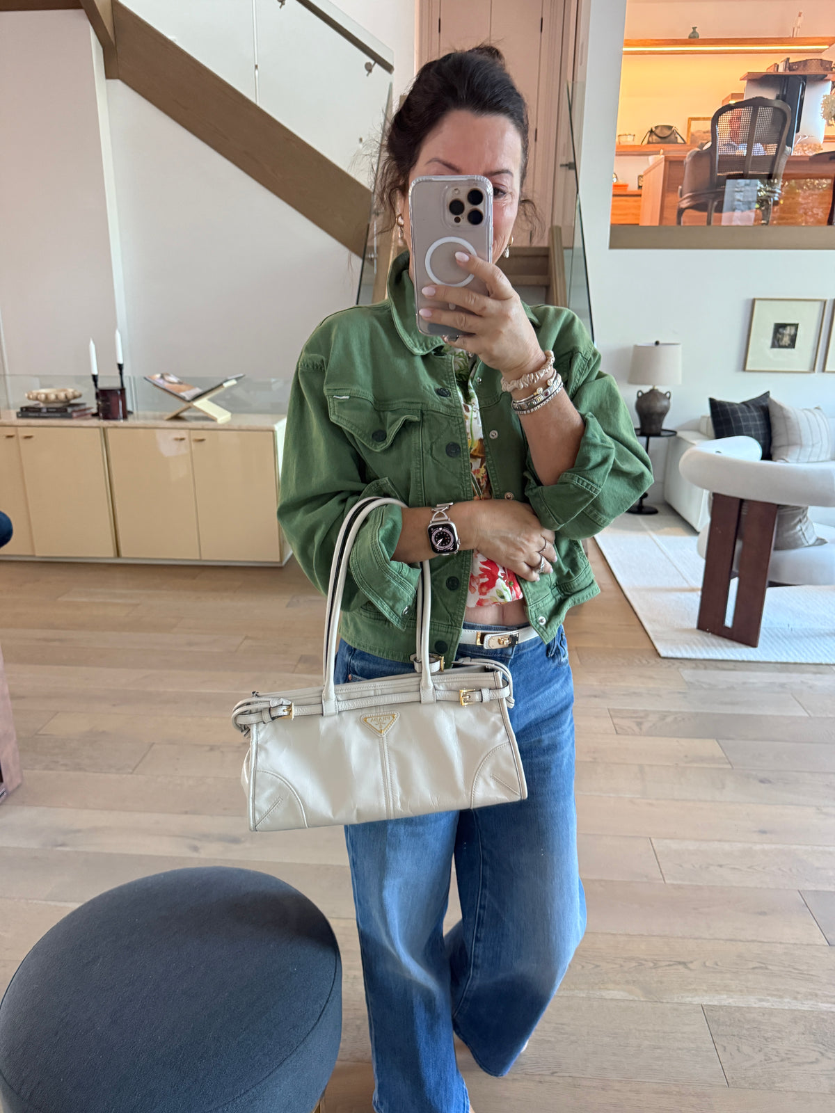 Prada Glossy Calfskin Triangle Medium Bonnie Shoulder Bag in White
