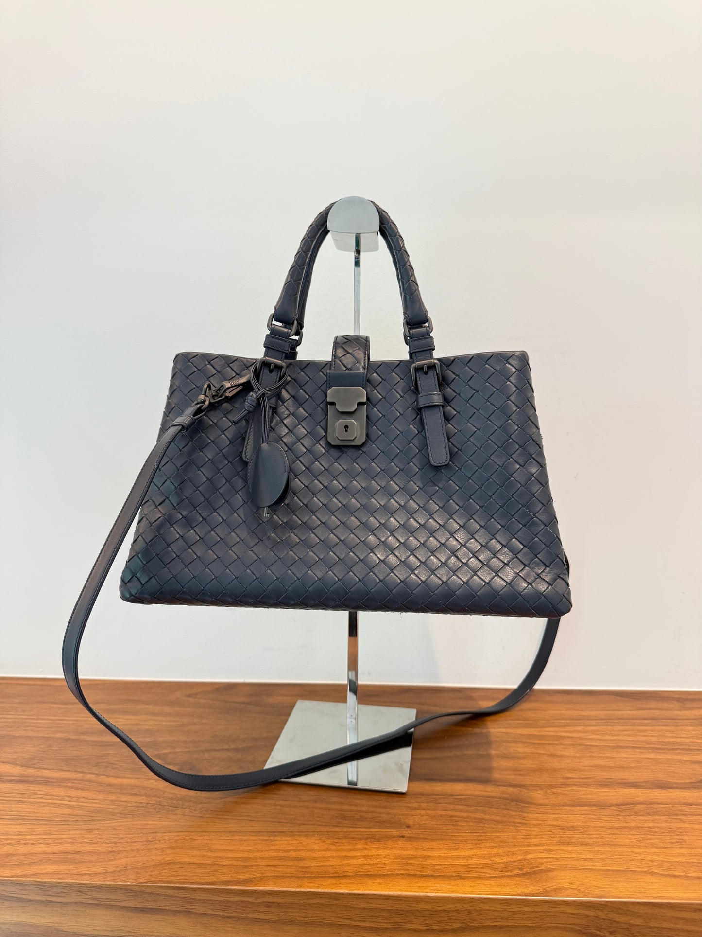 Bottega veneta Roma handbag with n navy intricate leather authentic and preowned. 
