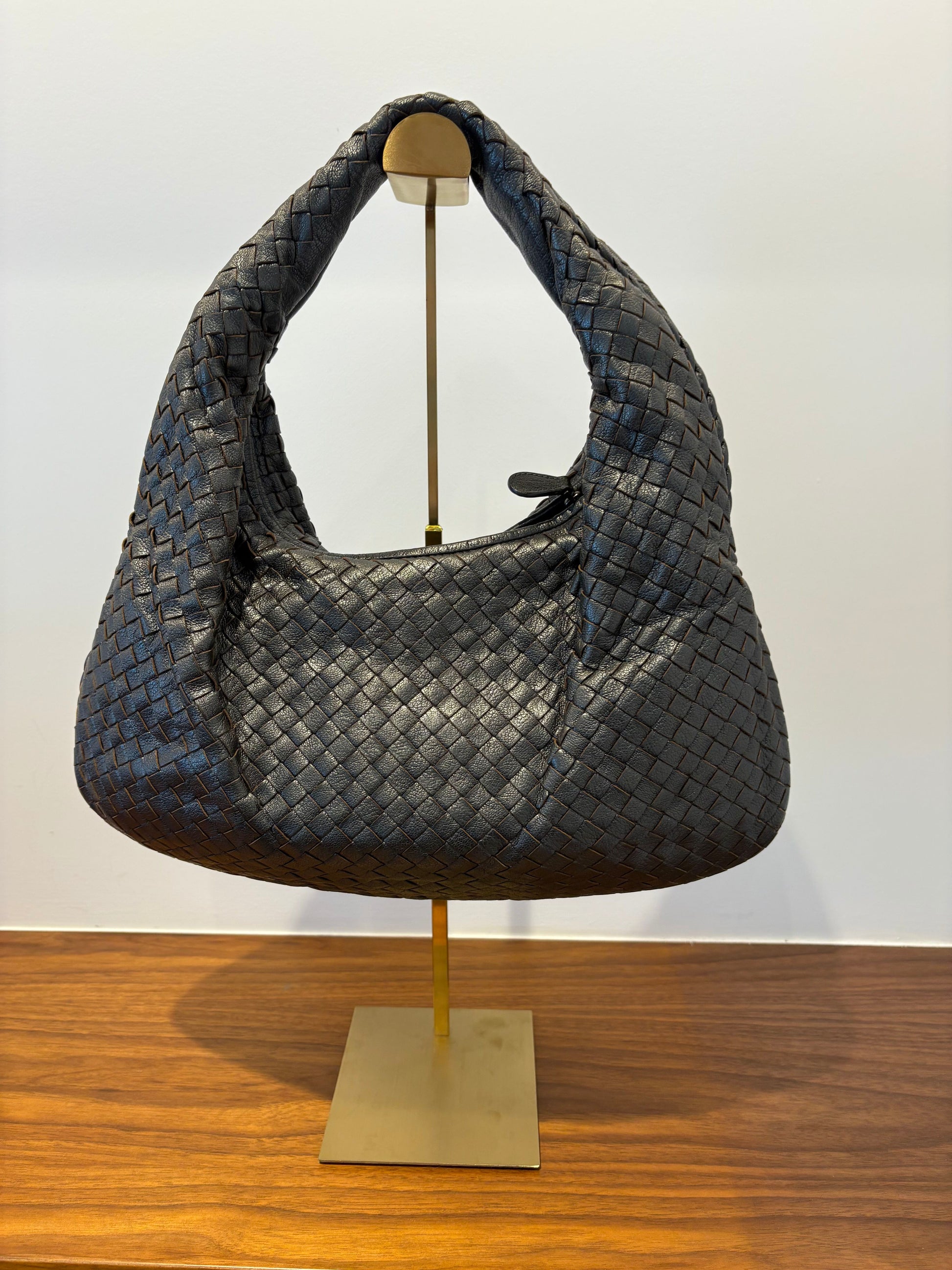 Bottega Veneta Hobo Bag from Purseonal Shopper in Increcciato Leather Metallic Charcoal Medium