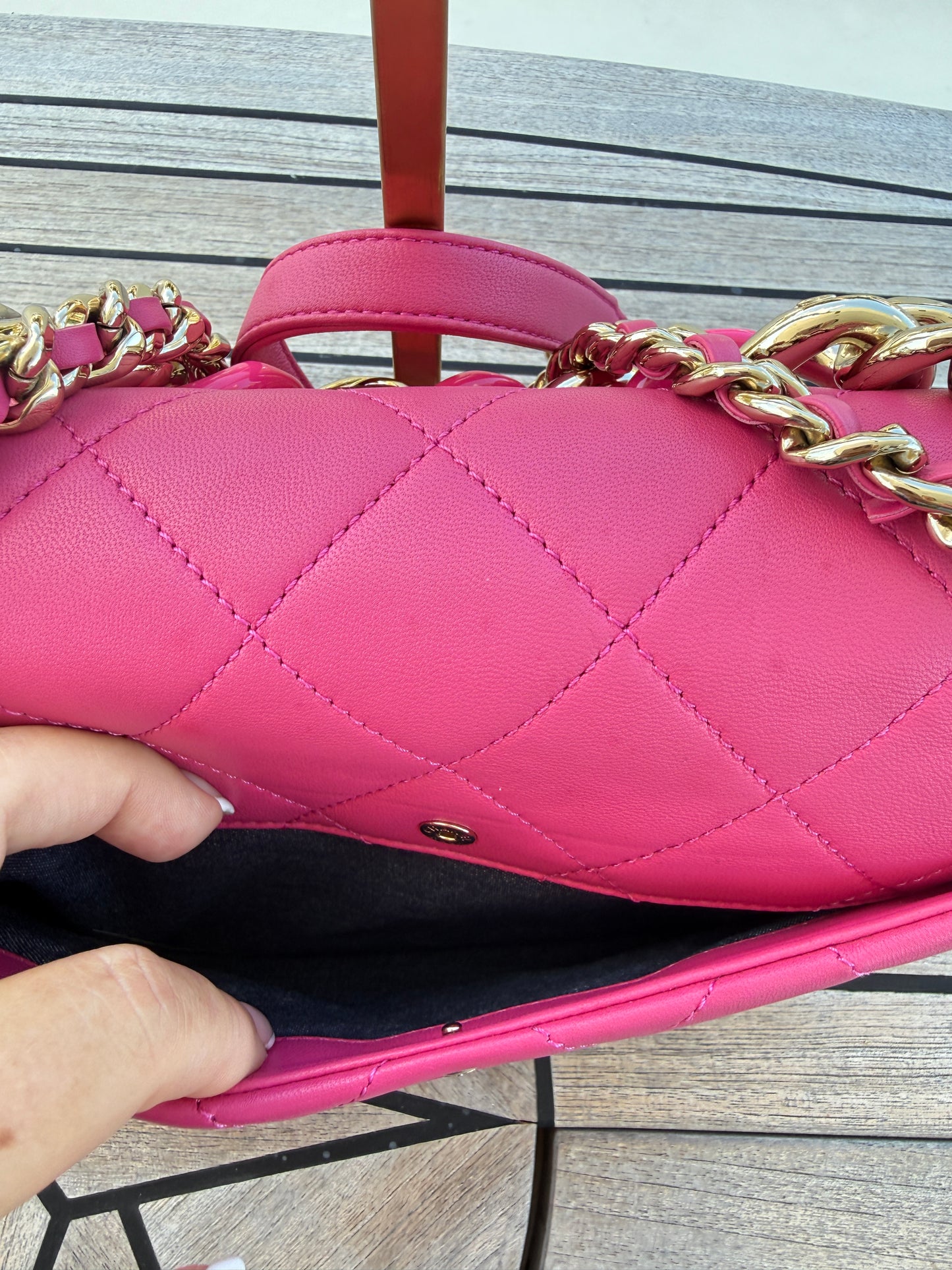 Chanel elegant chain flap handbag view of pocket on back of handbag for sale