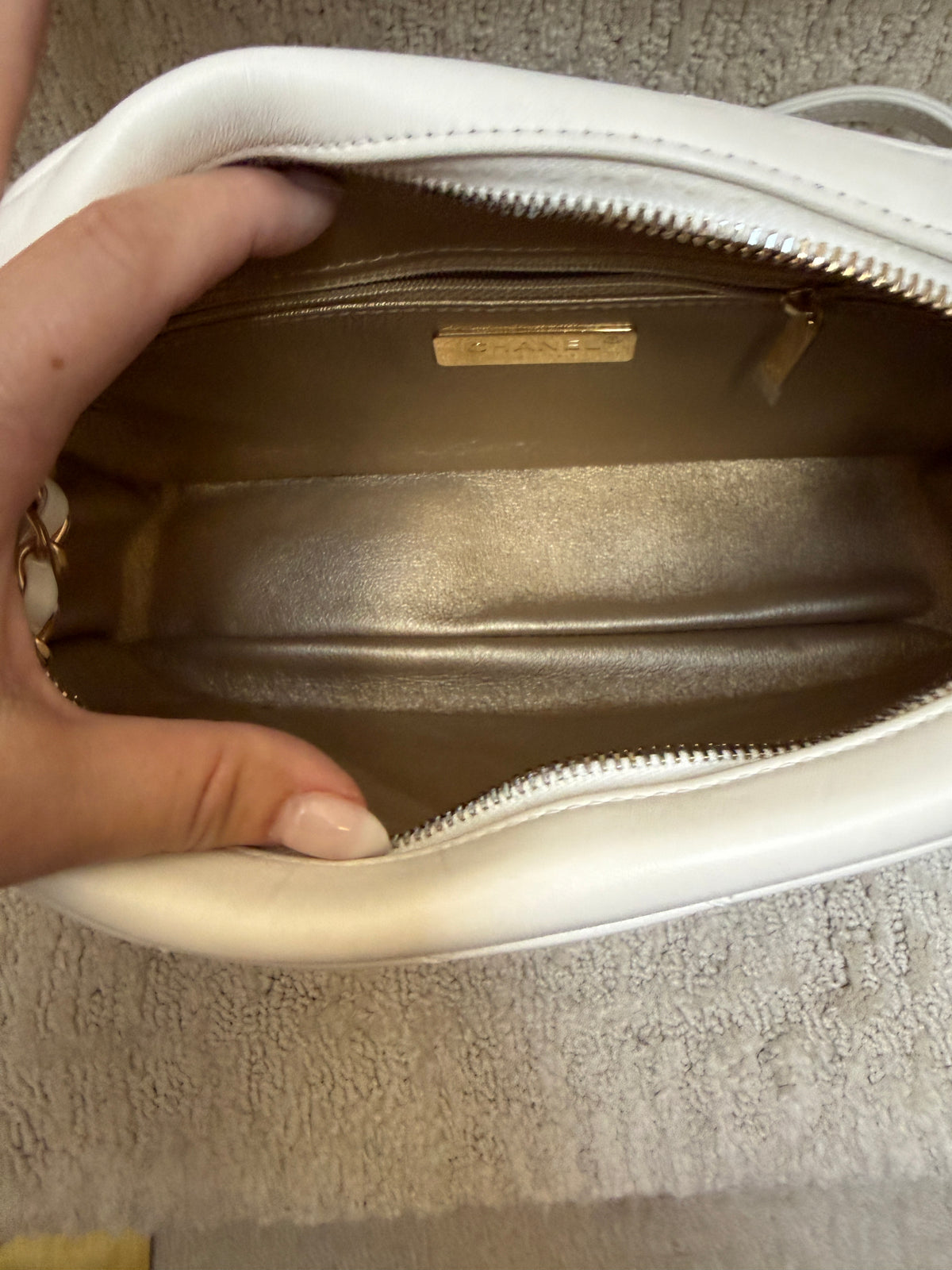 chanel all about chains disco bag interior view in gold leather