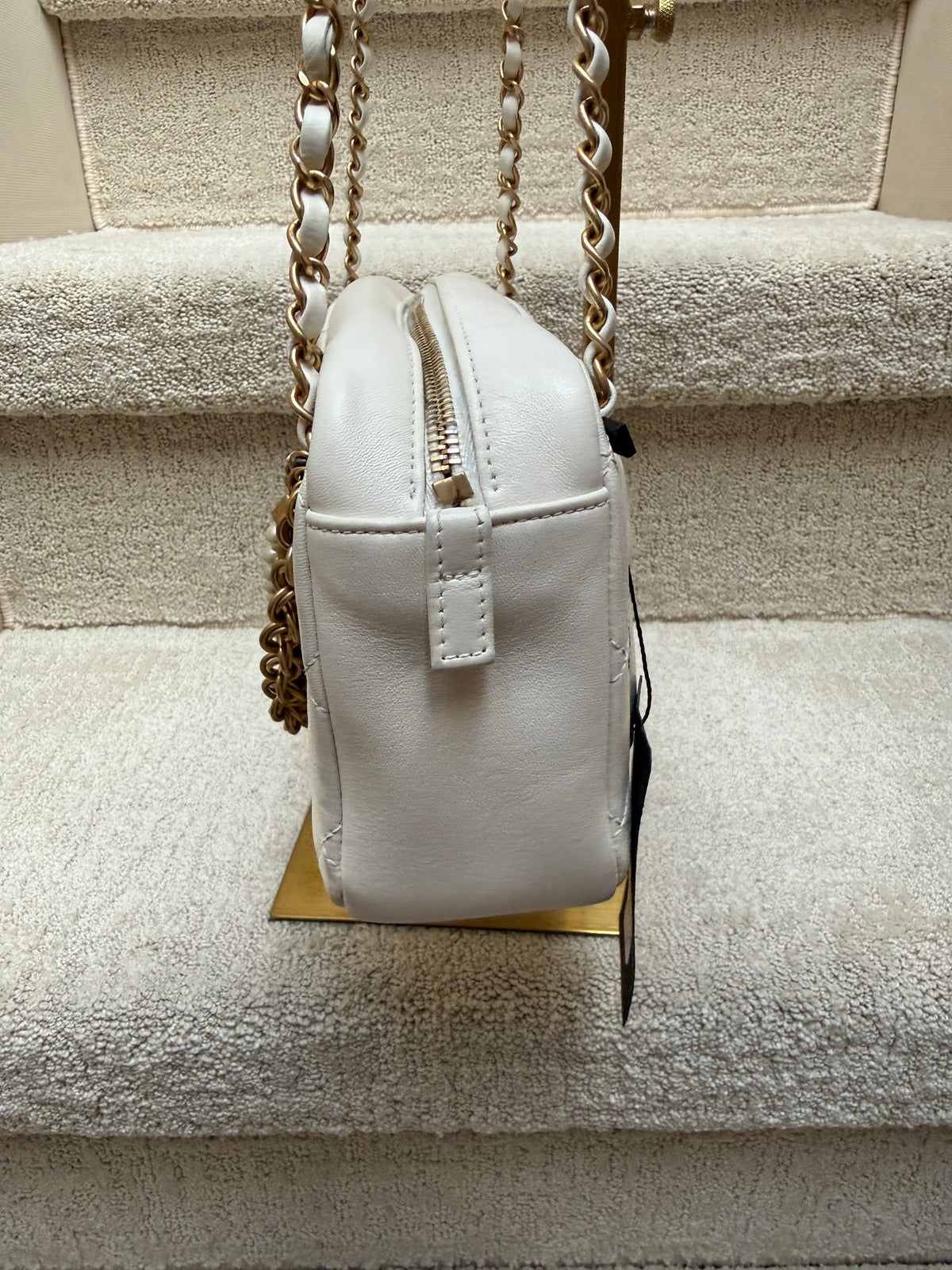 chanel all about chain white bag side view of leather bag for sale